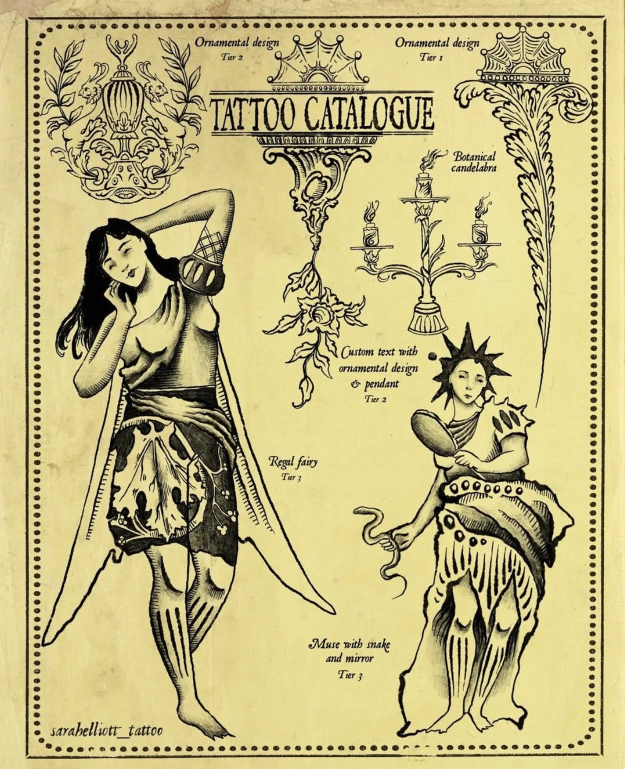 Vintage tattoo catalog cover featuring illustrations of fantasy characters, including a regal fairy and a muse with snake and mirror, with decorative ornamental designs, candles, and a central title 'Tattoo Catalogue'.