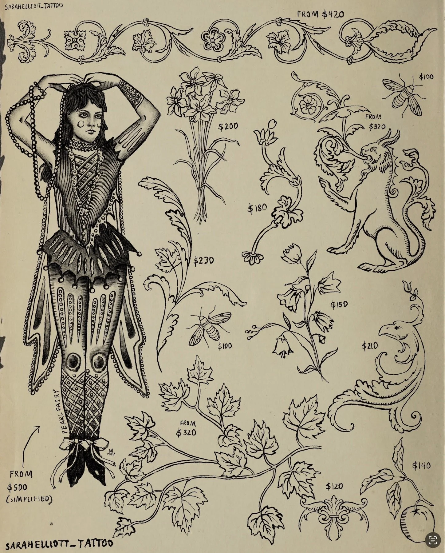 A black and white illustration featuring a woman dressed in intricate, fantasy-style clothing with decorative beads and fish scale patterns, surrounded by various detailed botanical and mythical elements. These include flowering plants, bees, a lion,