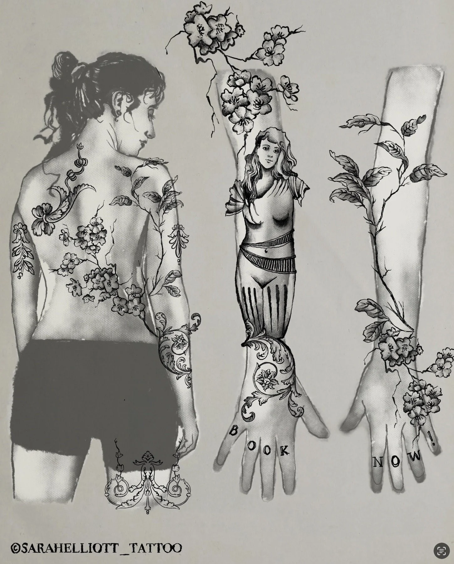 A tattoo design featuring three women intertwined with floral and decorative elements. The tattoo includes the words "LOOK" and "NOW" on the palms.