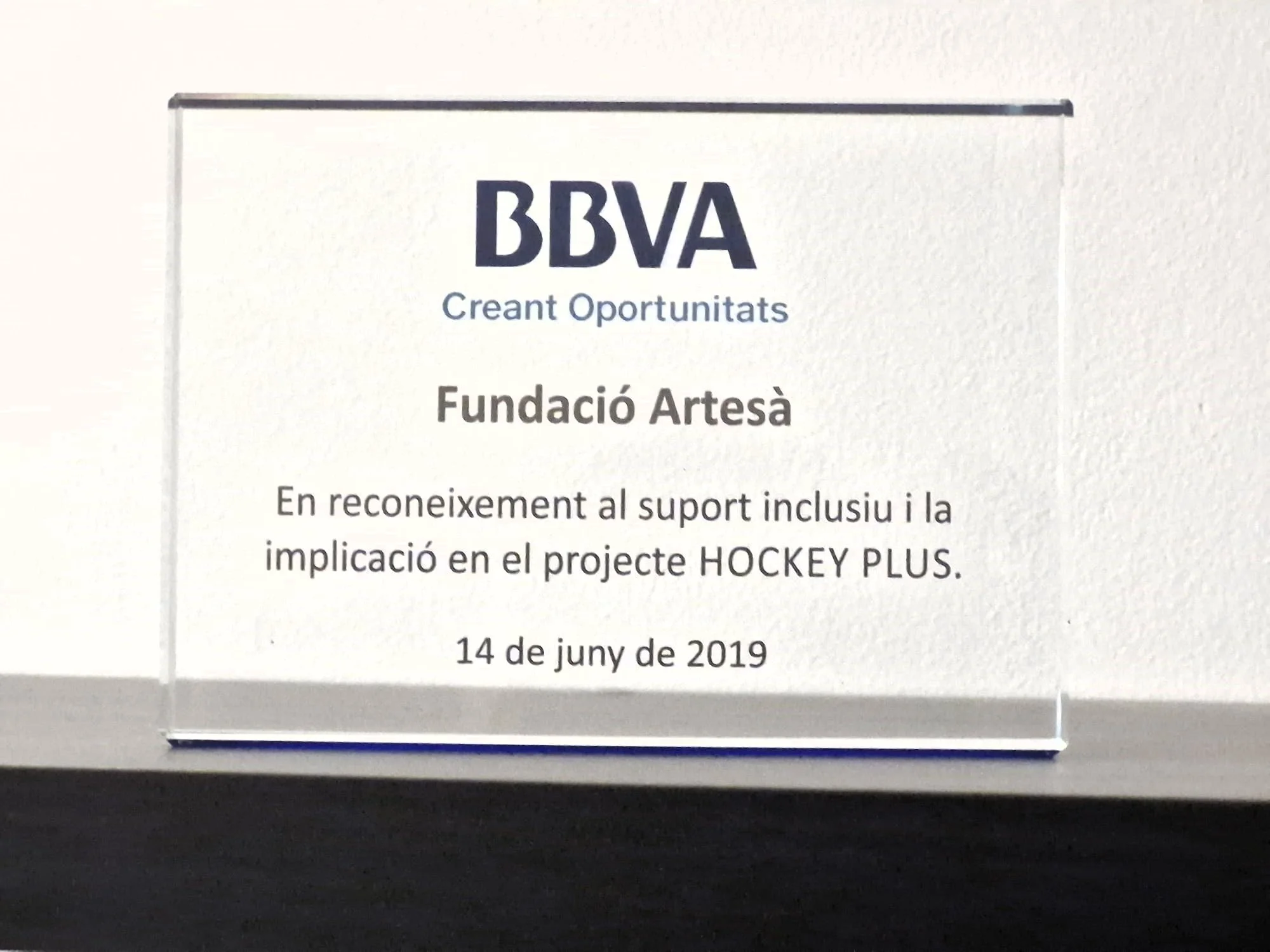 Placa de reconocimiento para la Fundació Artesà por su apoyo en el proyecto Hockey Plus, fechado el 14 de junio de 2019.
