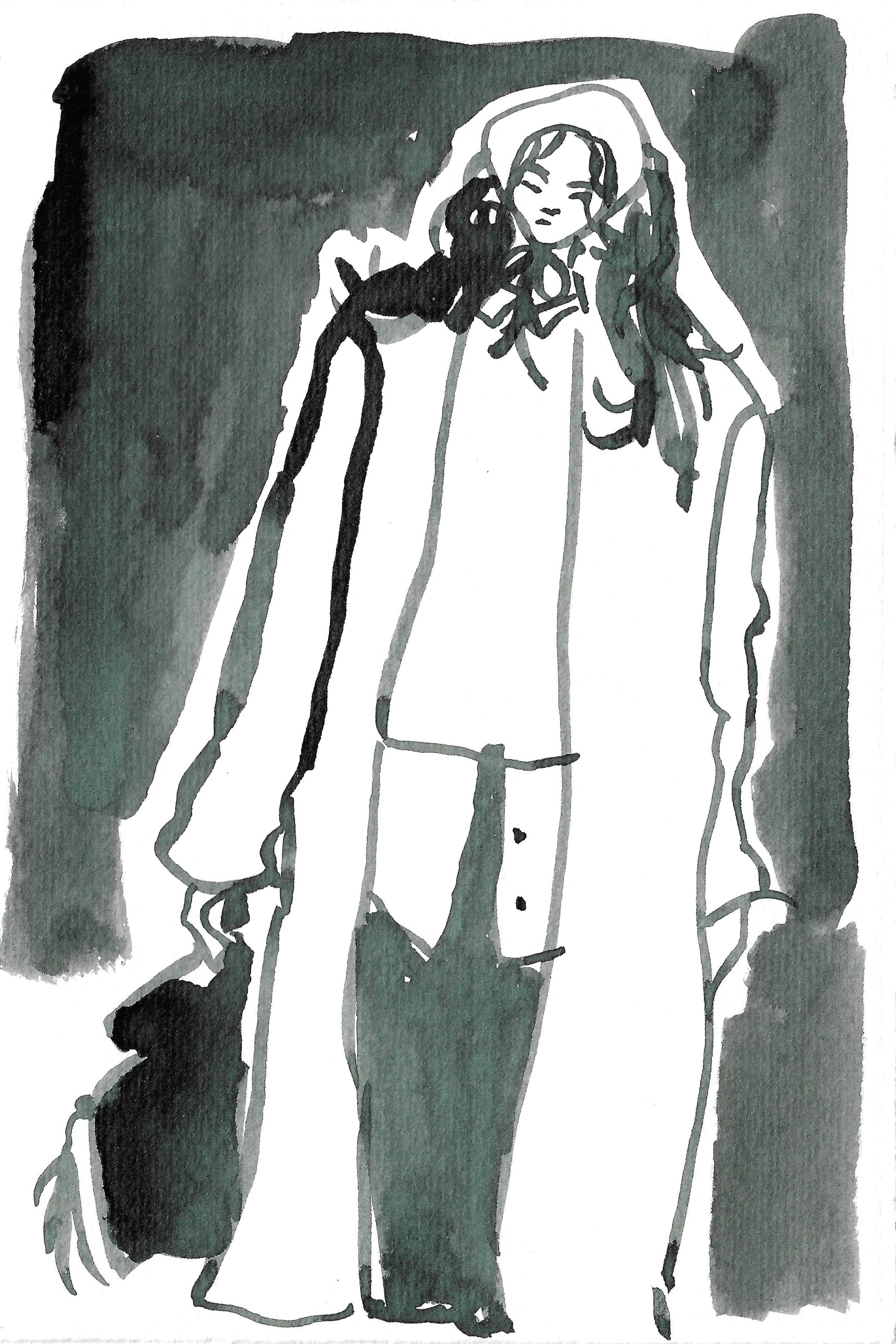 A black and white watercolor painting of a woman with long, curly hair, wearing a wide-brimmed hat and a flowing dress, holding a parasol.