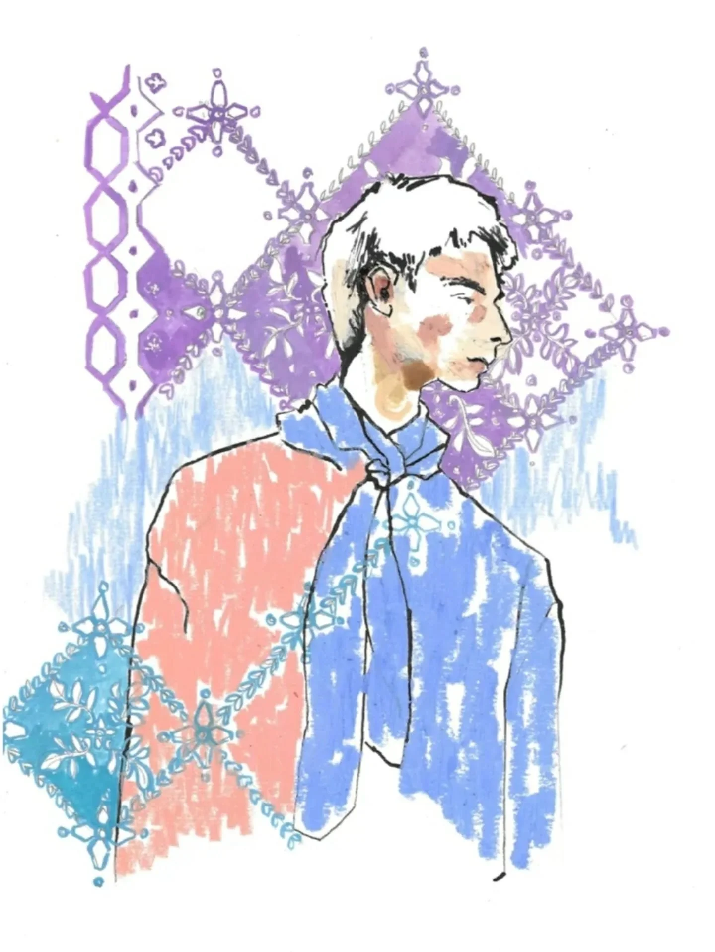 Neck scarves, inks and sunshine bursts for Autumn 🍂 

*beginnings of a new body of work to develop. 

#neckscarf #neckerchief #silkscarfsquare  #pattern #menswear #menswearportrait  #pasteldrawing #inks #autumnstyle