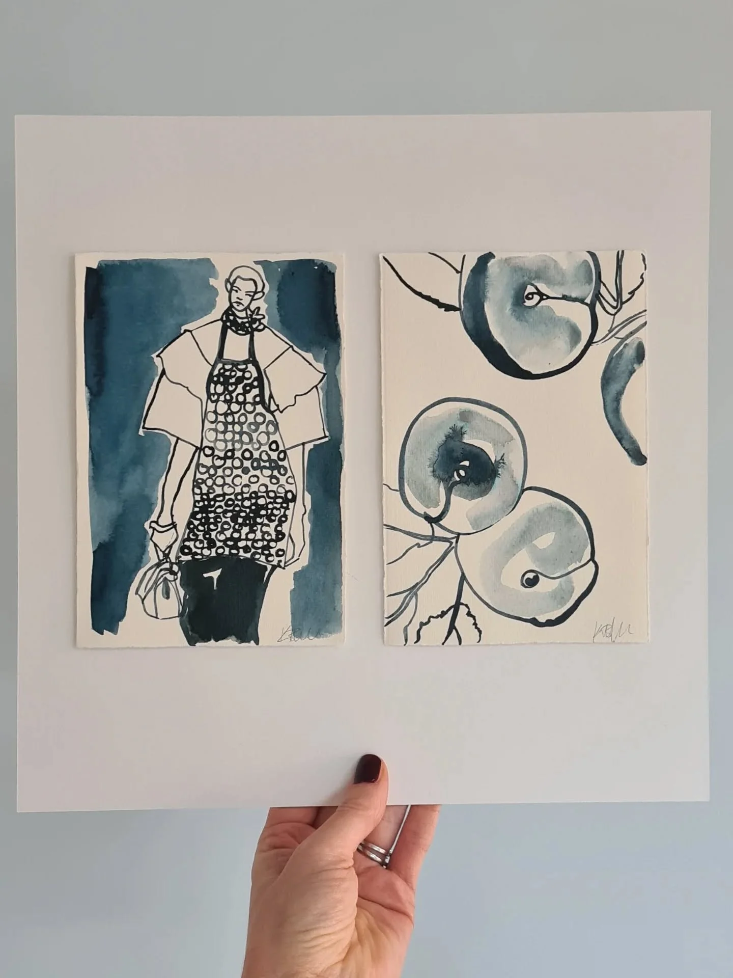 A couple of my inking pairings will be on diaplay and  available to purchase as part of the SSA 127th Annual Exhibition 30x30. Opening Saturday 10th January at the Royal Scottish Academy.

1. 
Prada and Plums Pair #1
Indian ink on Fabriano papers

2.