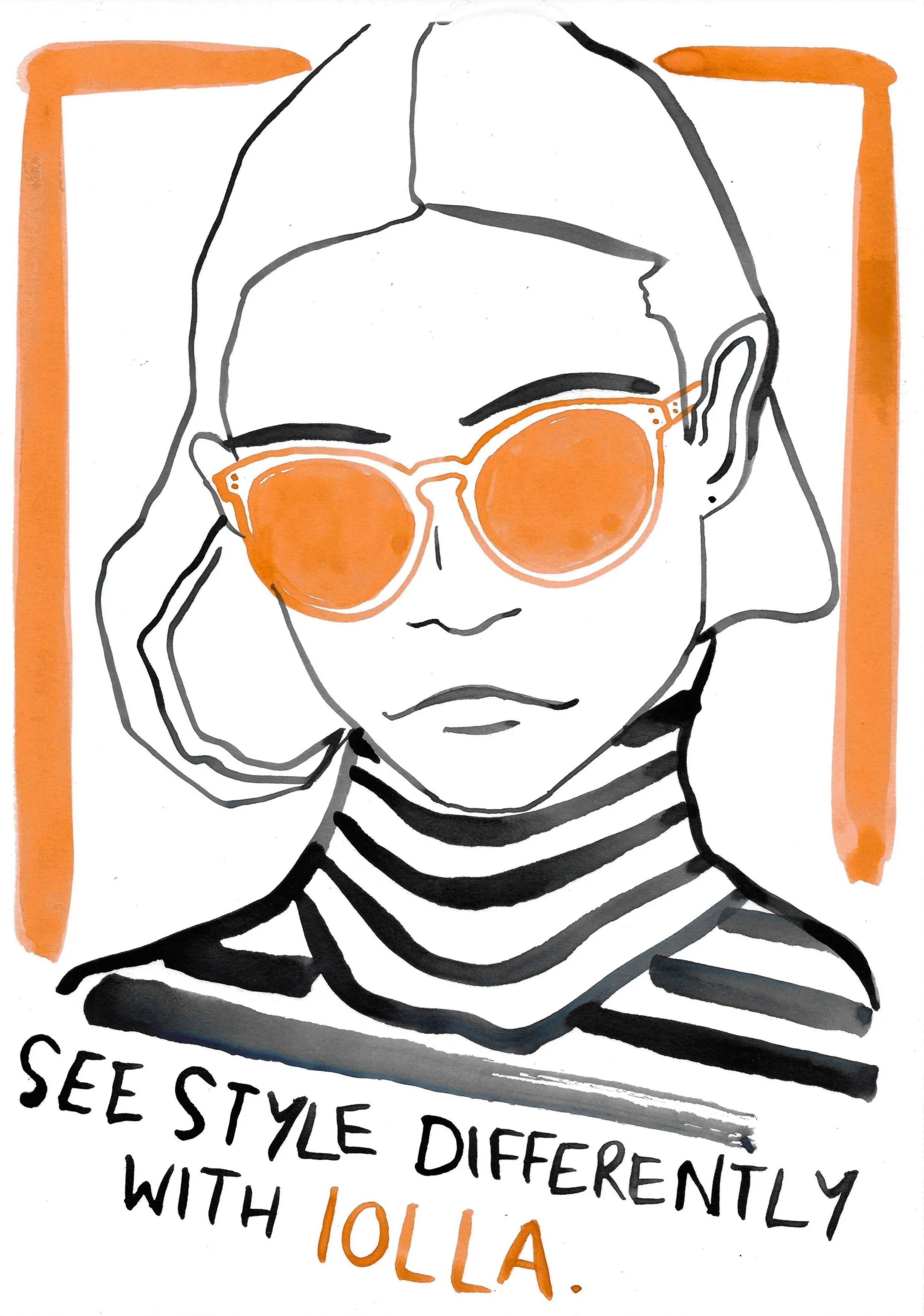 iolla illustration woman in stripey top with orange framed glasses