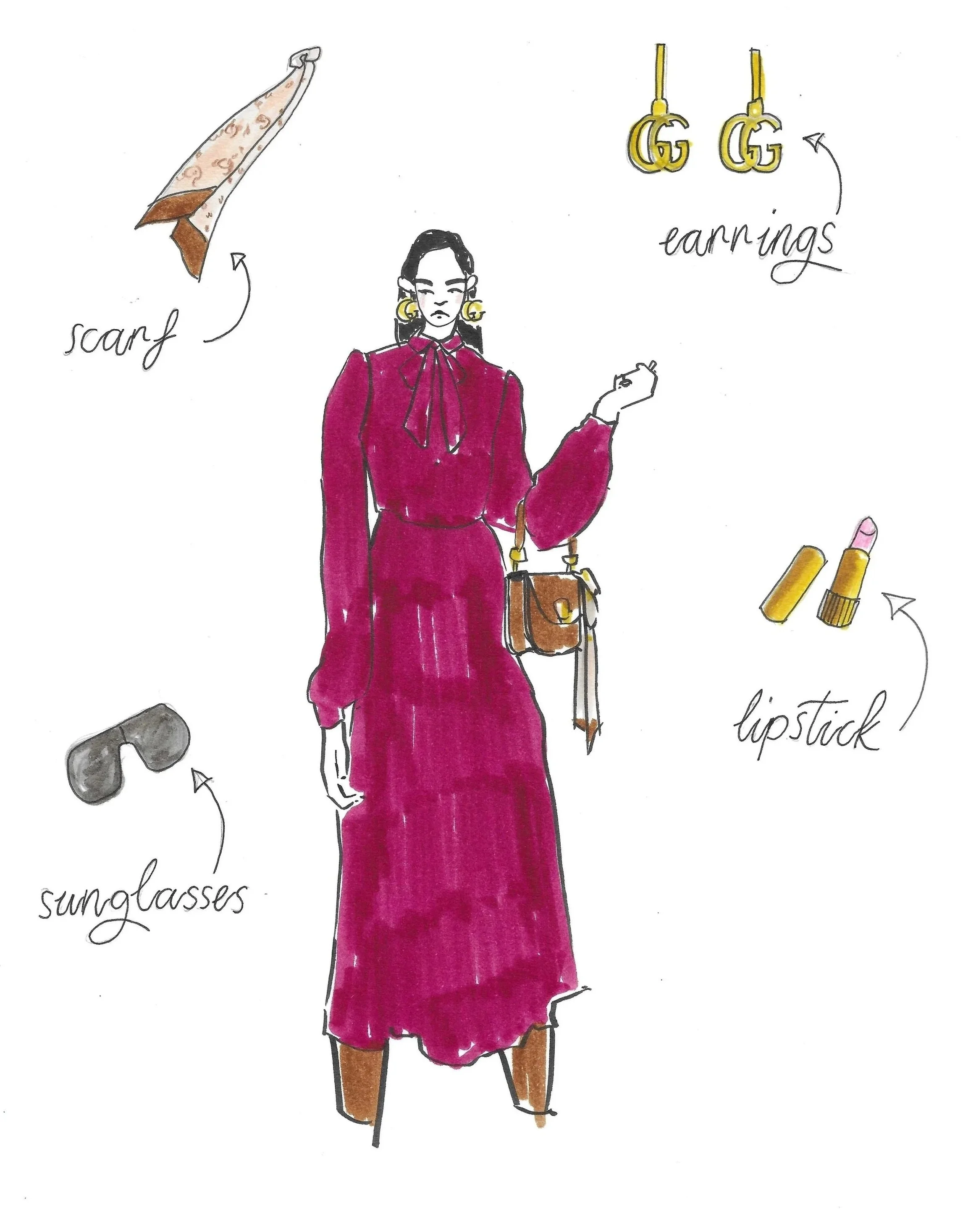 Fashion illustration featuring a woman in a long magenta dress. Accessories include sunglasses, gold earrings with G logos, lipstick, and a brown handbag. A scarf and other jewelry are also depicted.