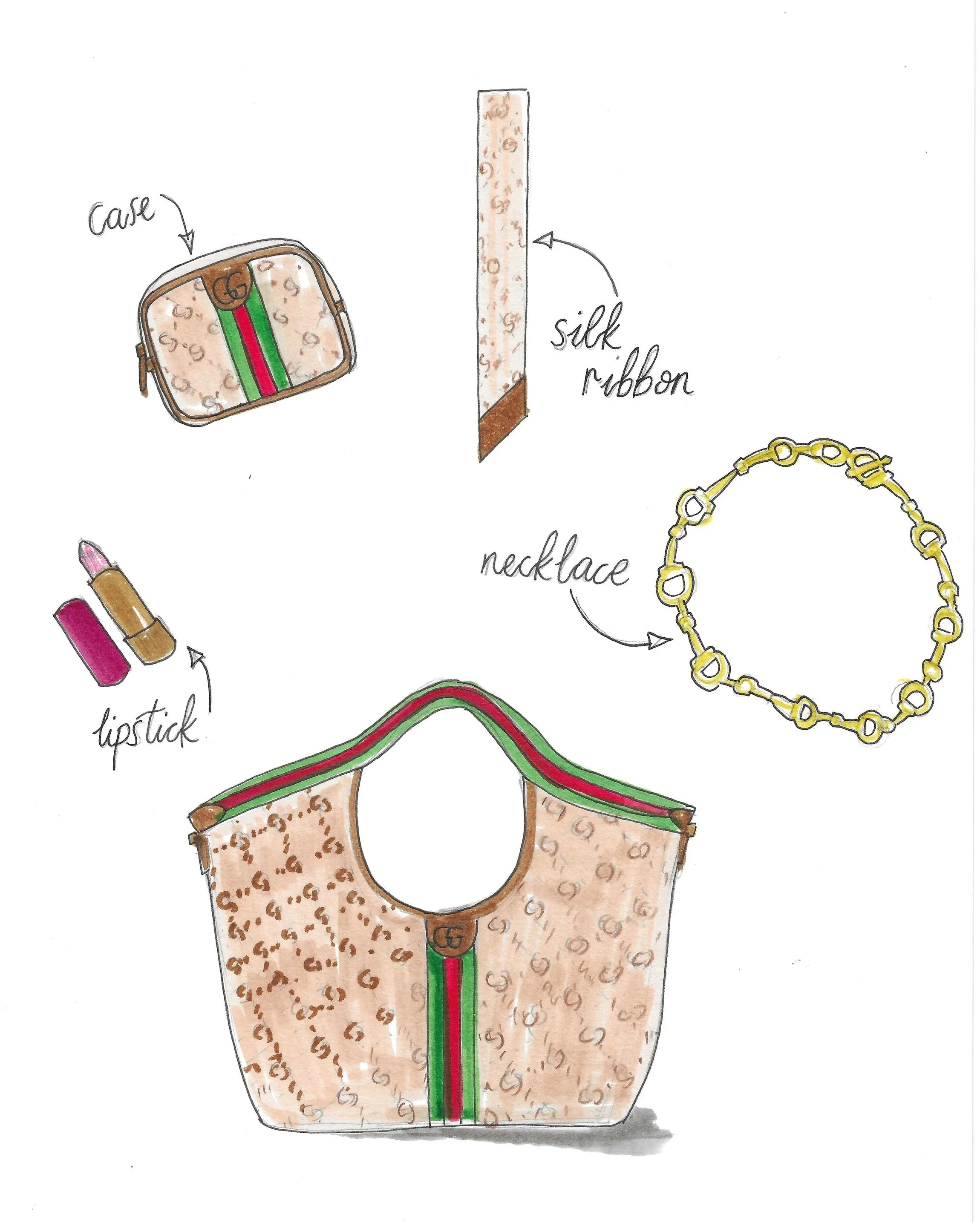 Hand-drawn illustration of a designer handbag, necklace, lipstick, silk ribbon, and case, with labels for each item.