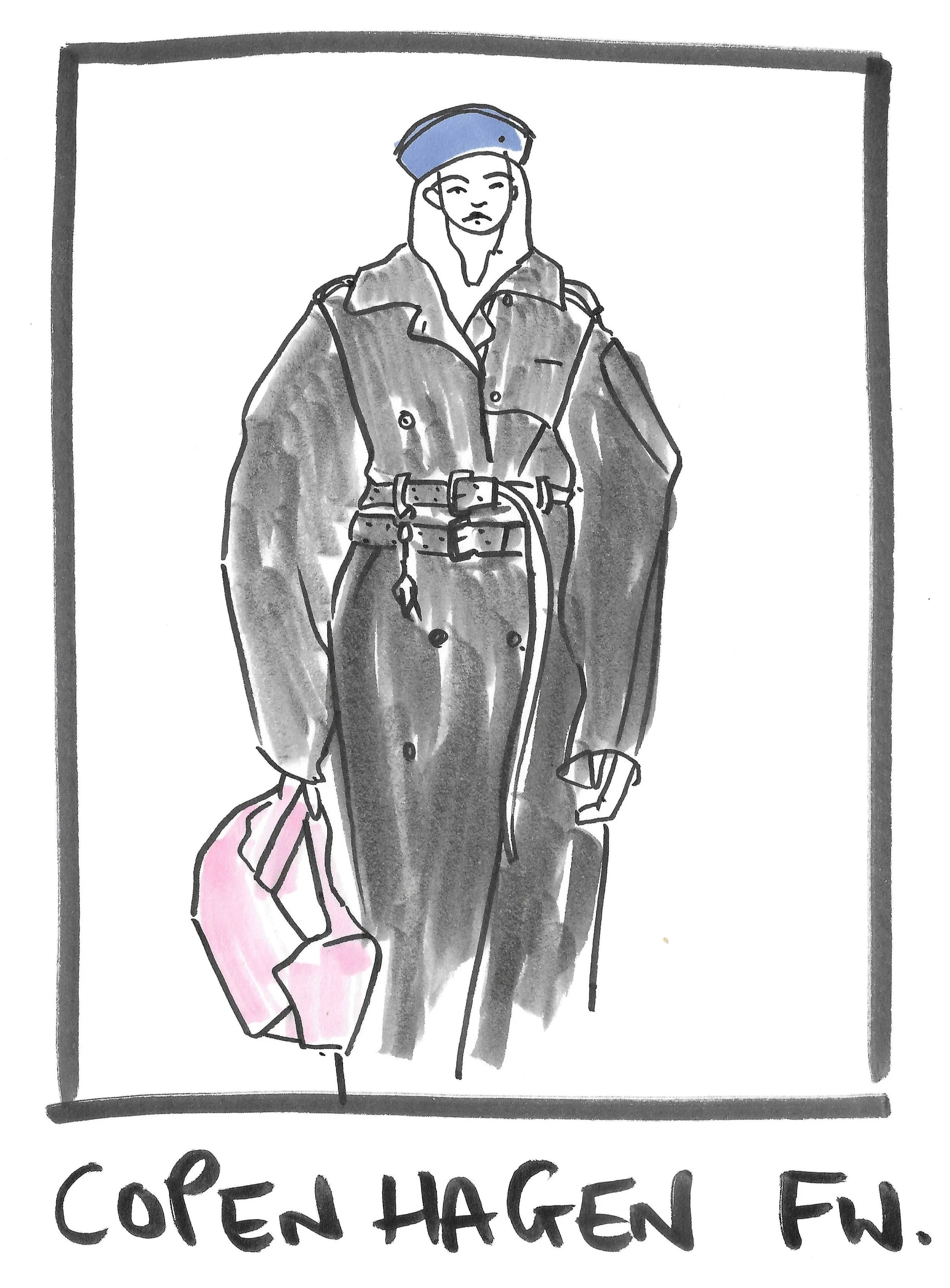 A fashion sketch of a woman in a long coat, wearing a beret, holding a pink bag, with the text 'COPENHAGEN FW' underneath.