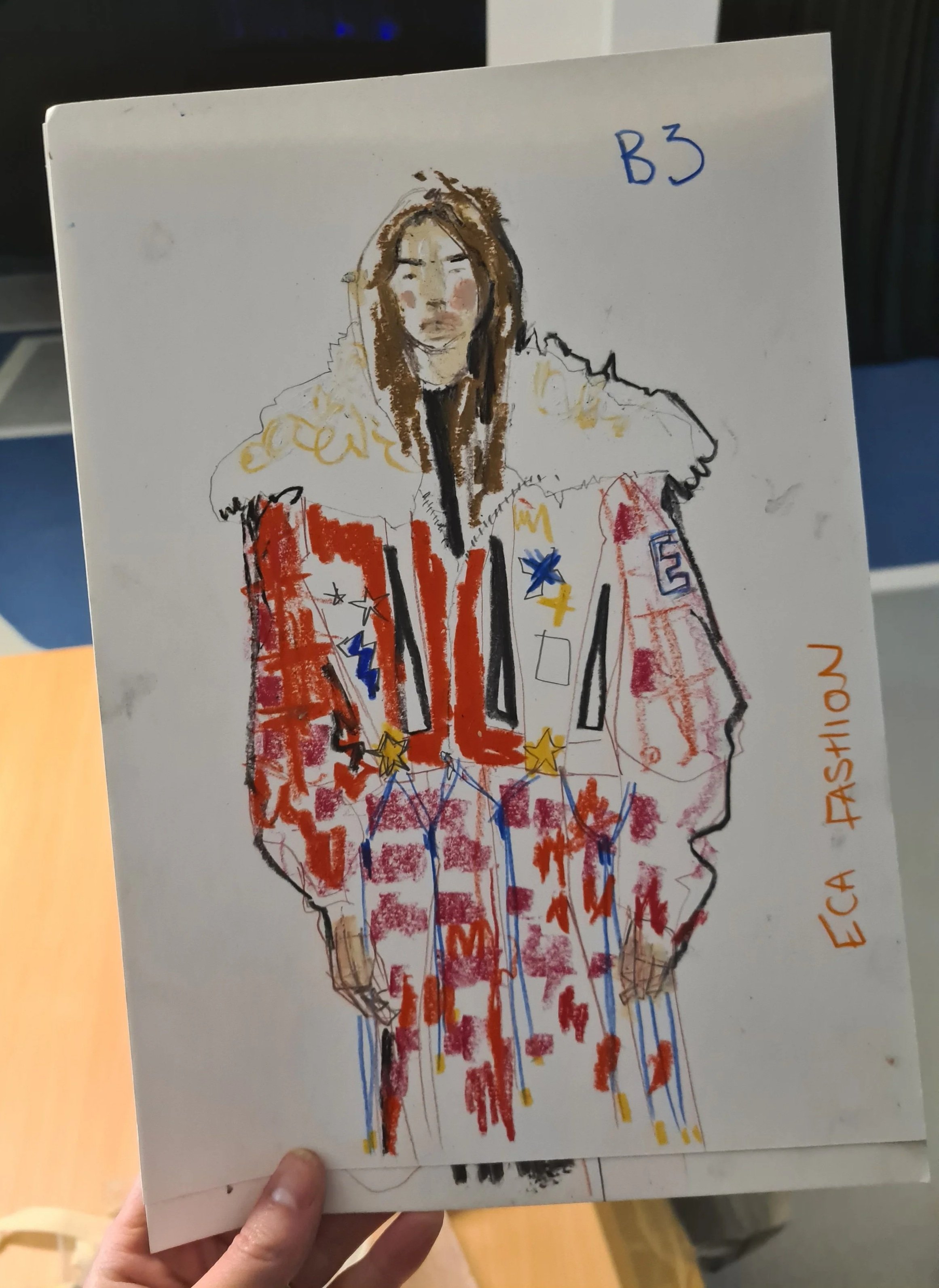 A colorful hand-drawn portrait of a woman wearing a jacket with patches and designs