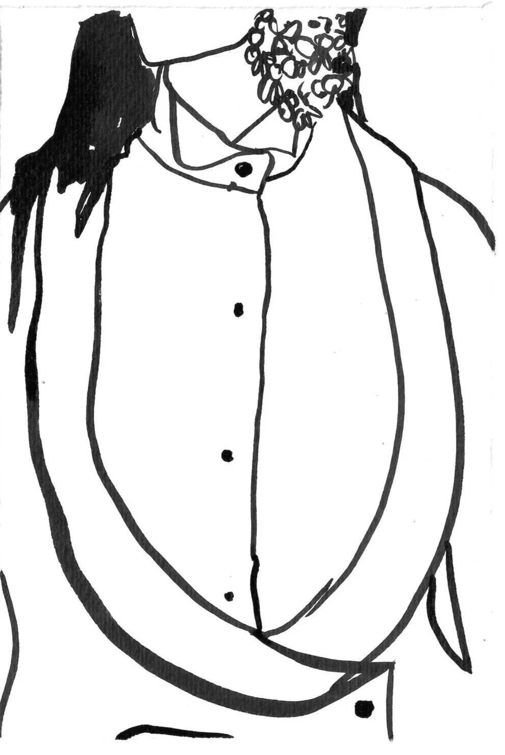 Black ink sketch of a person wearing a open shirt with a floral or leafy pattern on the collar, and long hair on the left side.