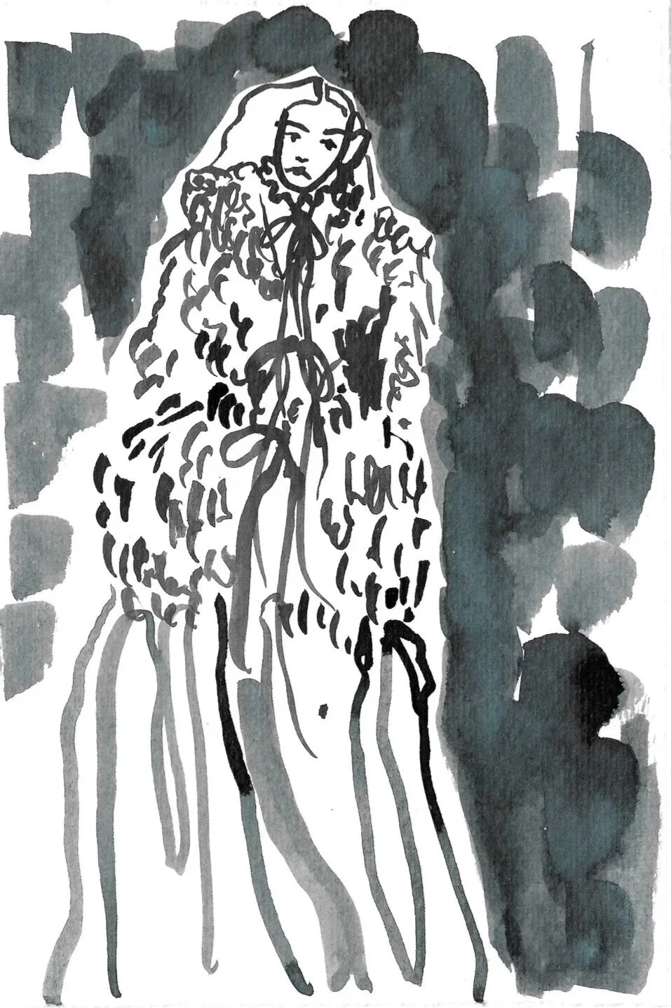 A black and white watercolor illustration of a woman with long hair, standing against a dark, abstract background, wearing a fur-like coat and striped pants.