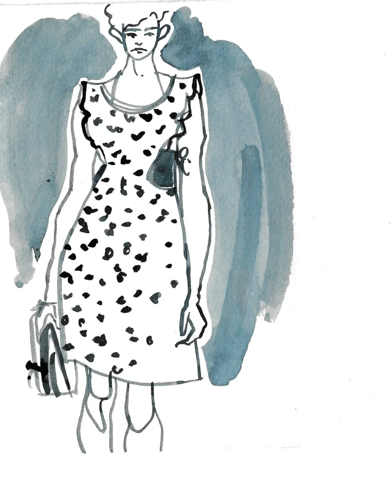 Fashion illustration of a woman wearing a long, polka-dot dress, holding a purse, with a blue background.