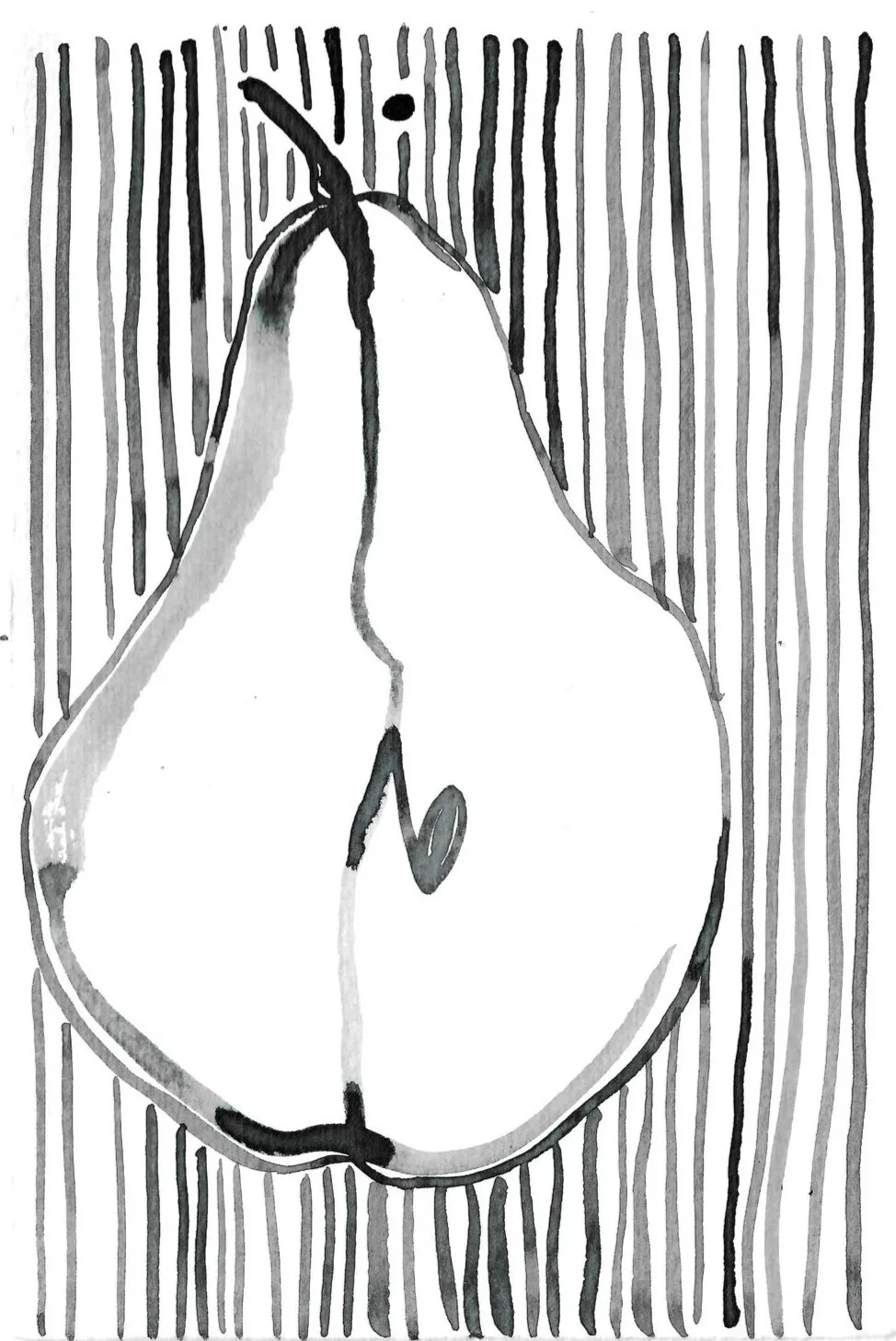 A black and white illustration of a pear with a heart-shaped seed inside, set against a striped background.