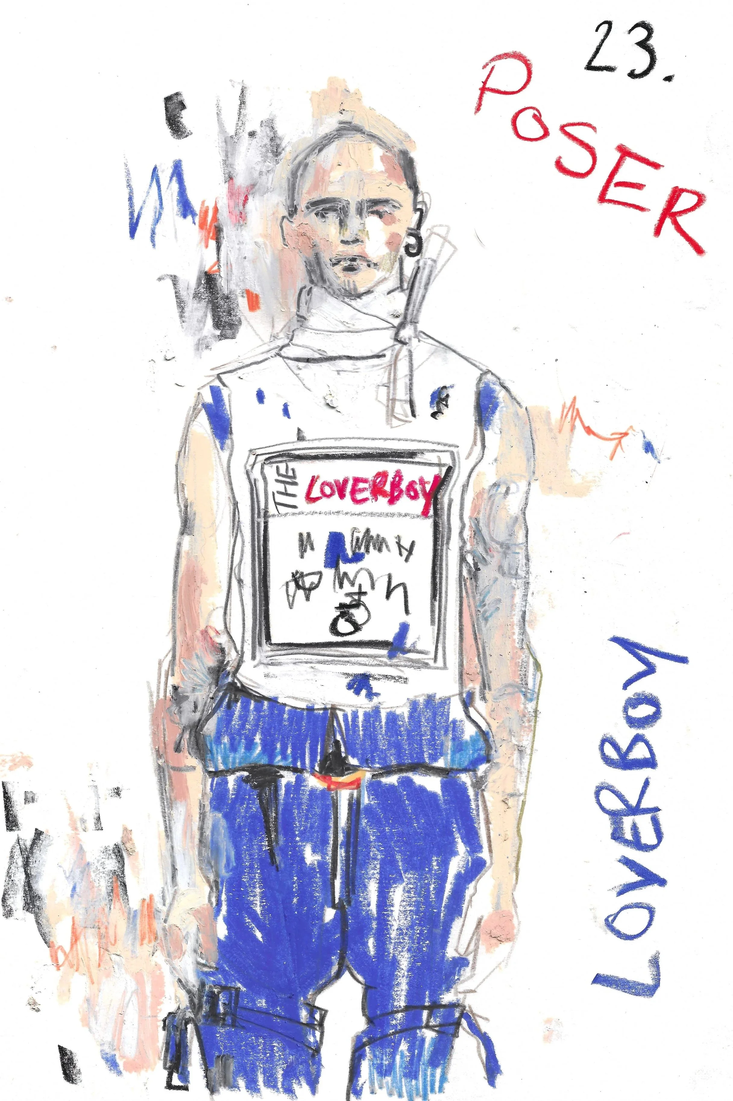 A person wearing a sports jersey with the text 'LoverBoy' and a white basketball jersey with various scribbles and writings, standing against a mostly white background with handwritten notes and the word 'POSER' in red.