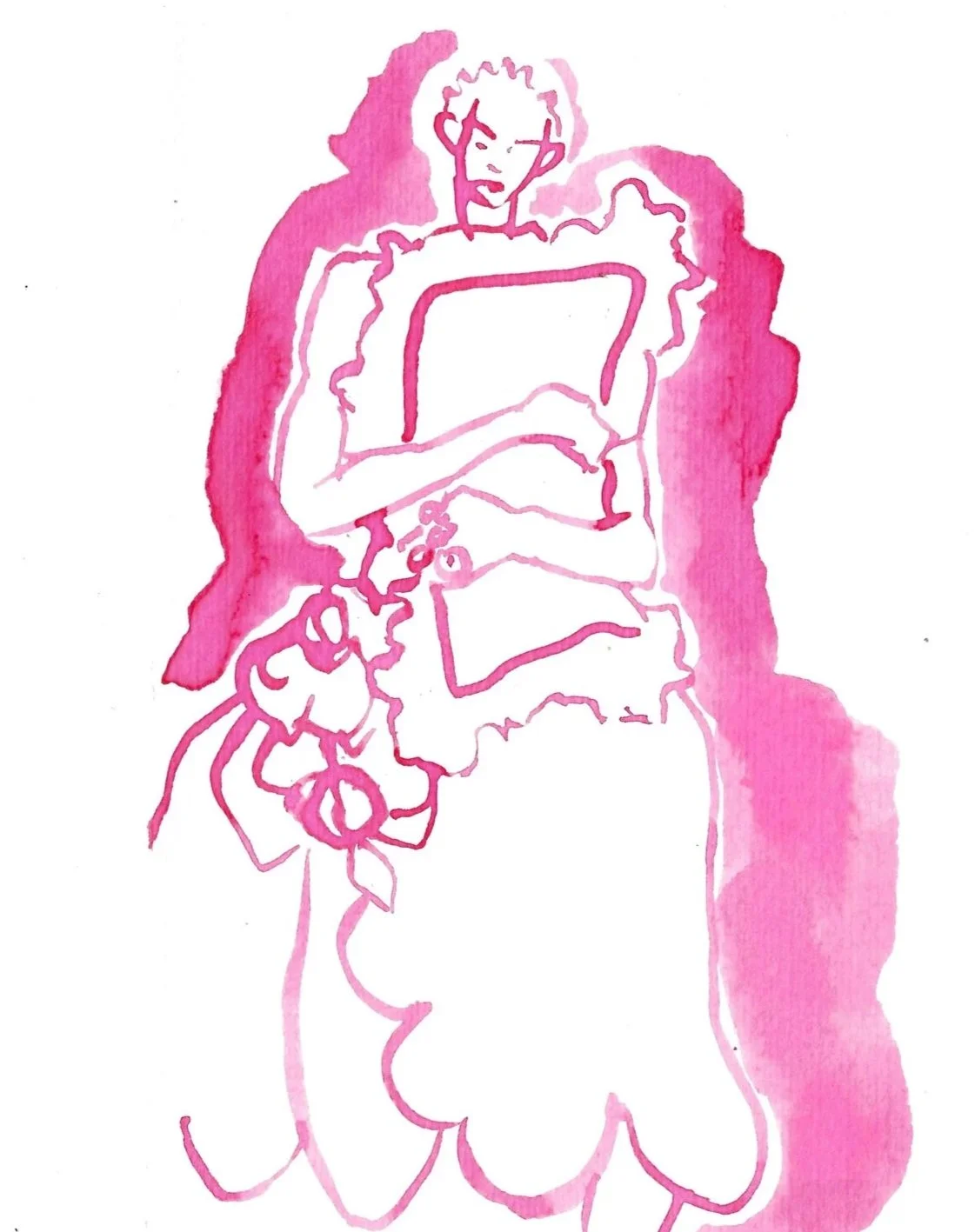 A pink watercolor sketch of a person holding a bouquet of flowers in one hand and a rectangular object, possibly a photo or a tablet, in the other. The person is wearing a dress with puffy sleeves.