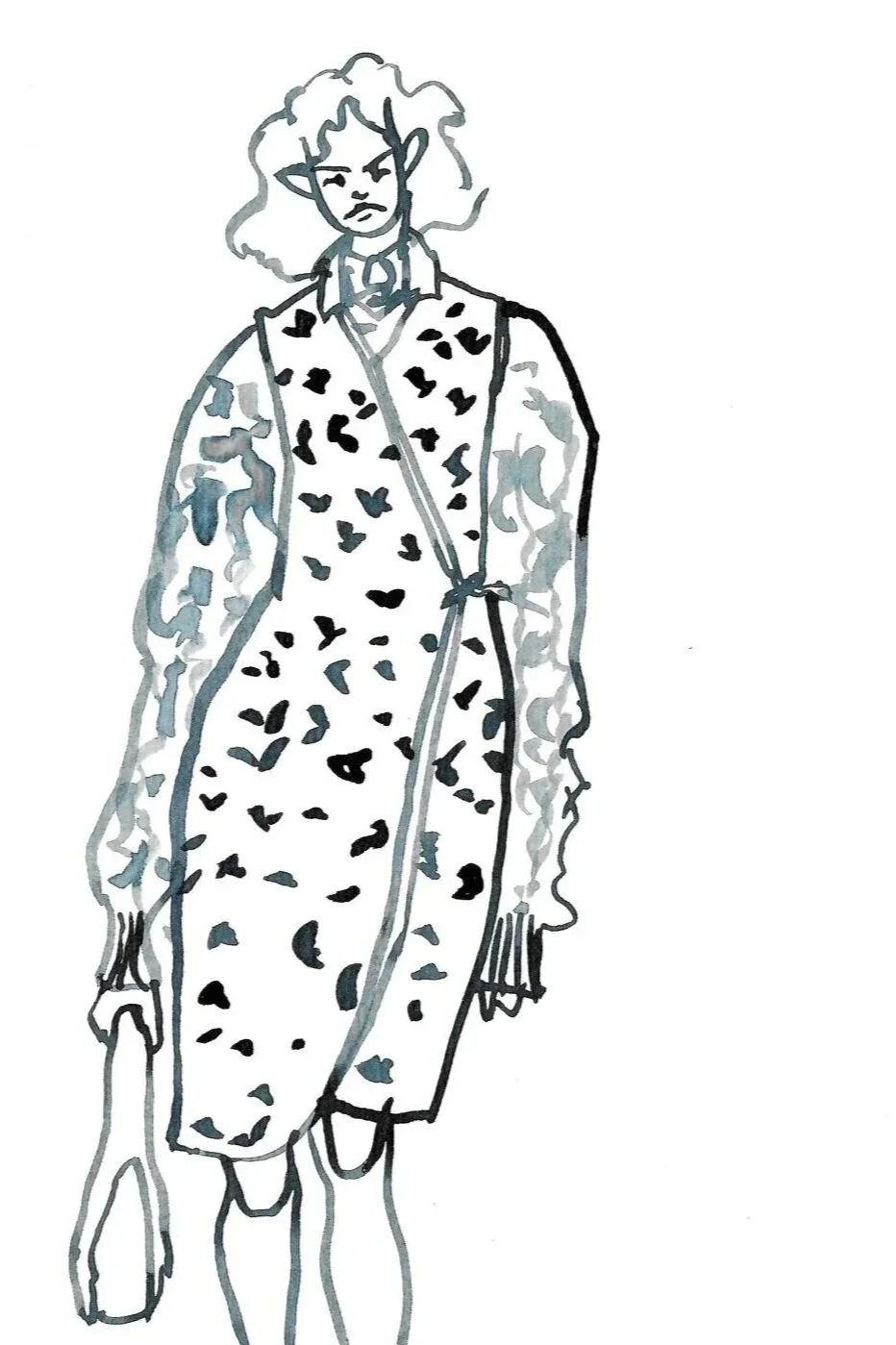 A fashion illustration of a woman wearing a long, patterned coat with black spots, over a matching dress, holding a small clutch purse, with wavy hair and an expressionless face.
