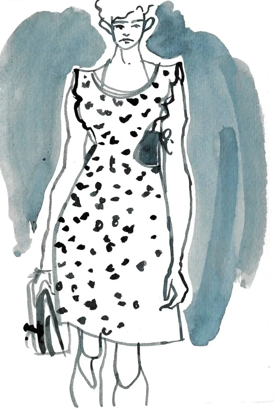 Fashion illustration of a woman wearing a long, polka-dot dress, holding a purse, with a blue background.