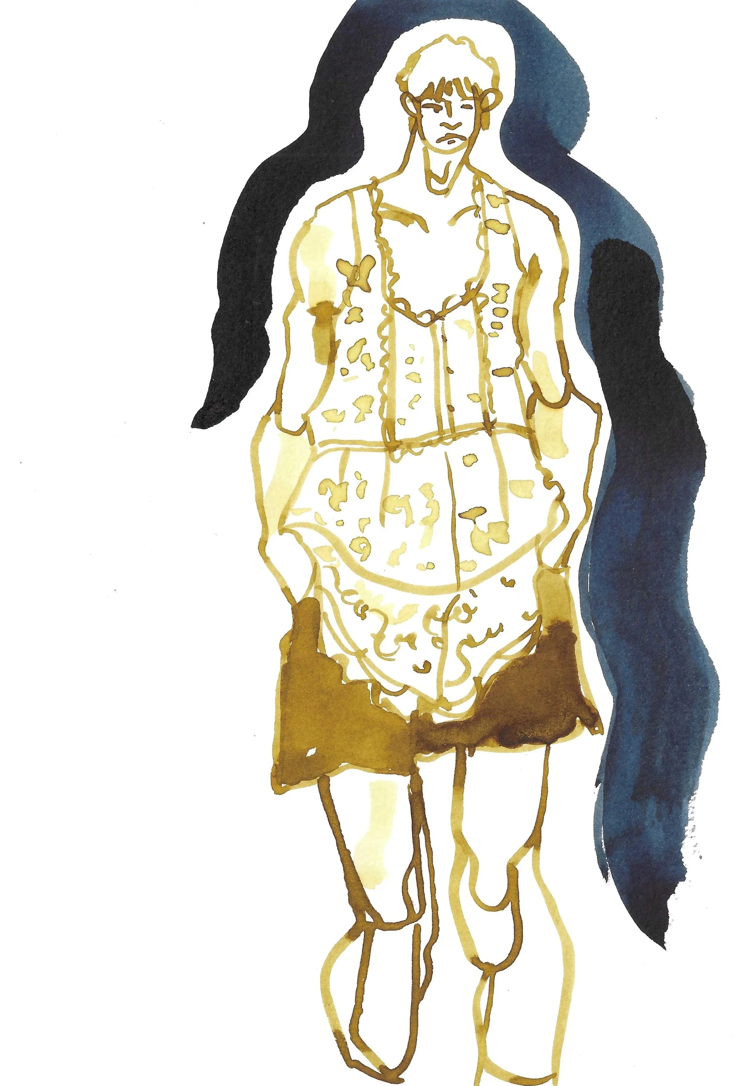 A watercolor sketch of fashion model, dressed in a tank top and shorts, with a dark silhouette or shadow behind them.