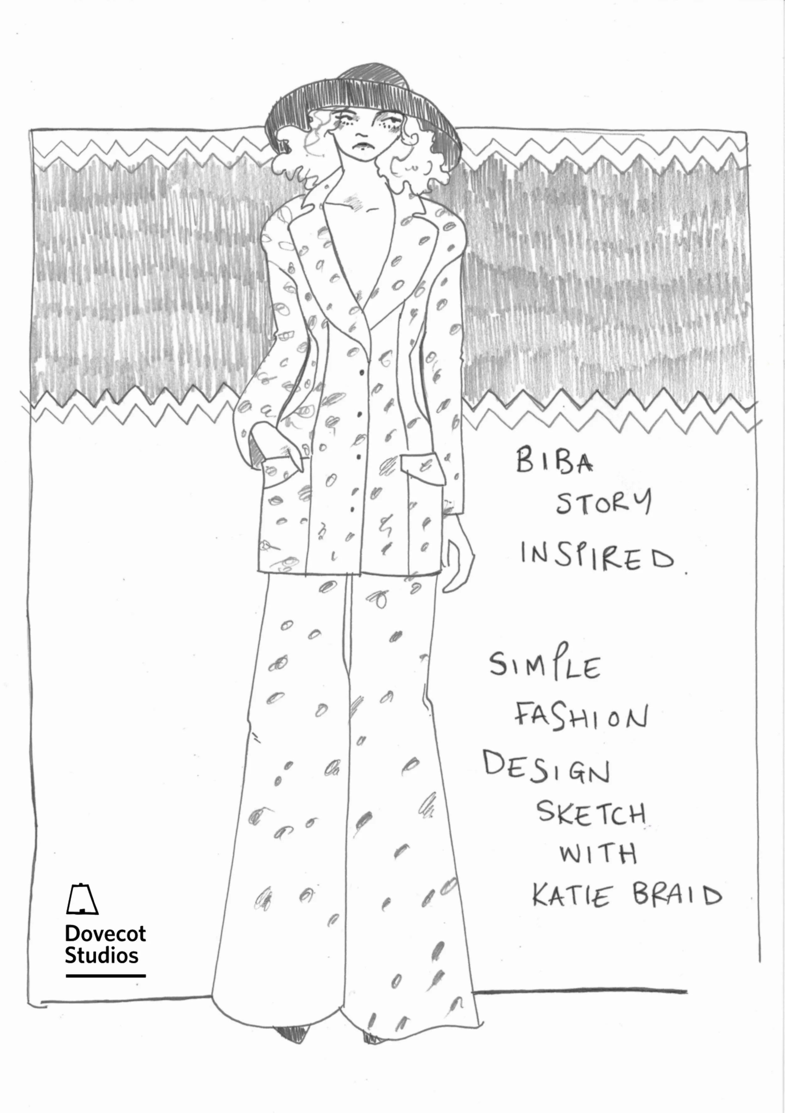 Drawing of a woman wearing 70's style suit and a hat, standing in front of a patterned background, with text indicating the outfit is inspired by a Bible story and designed with a simple fashion sketch including a Katie braid.
