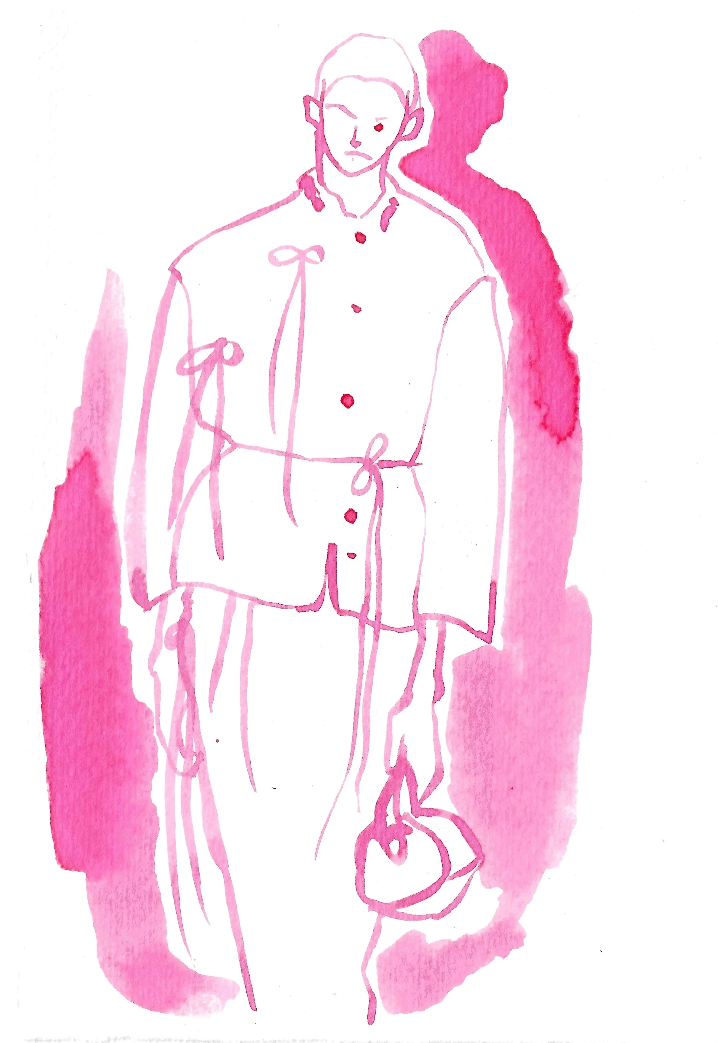 A pink watercolor-style line drawing of a person with one eye winking, wearing a jacket with a bow tie, and holding a bag in their left hand, standing against a pink background.