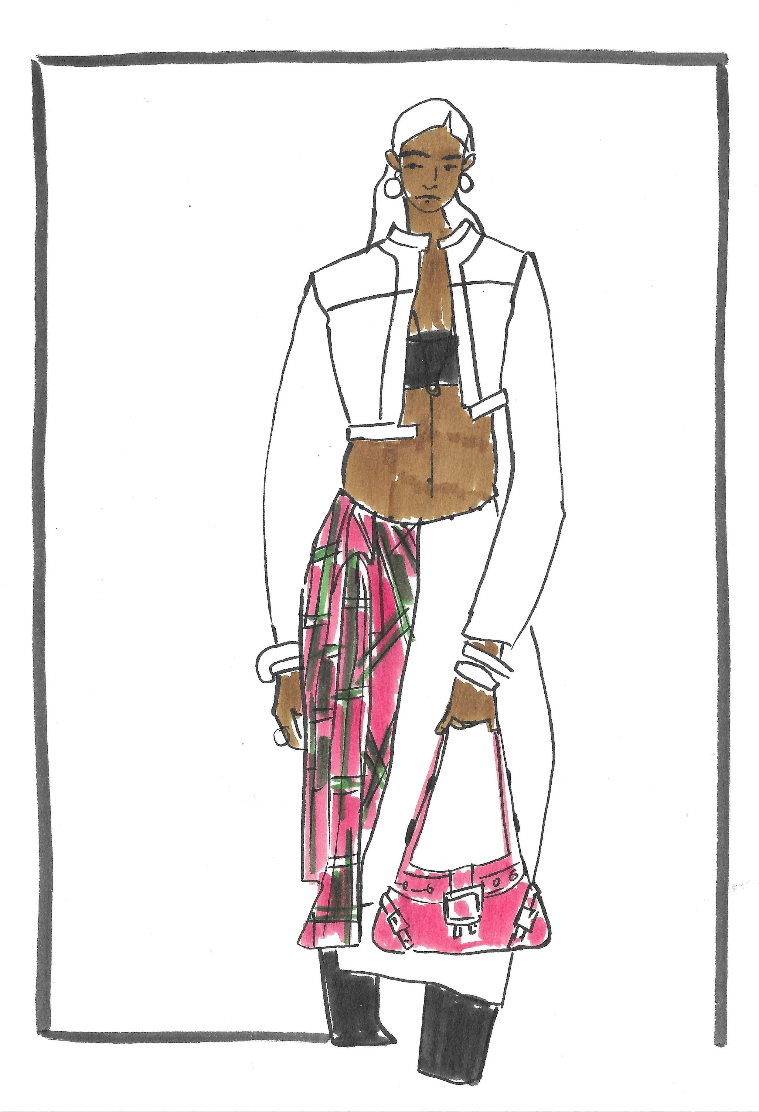 Fashion illustration of a woman wearing a white jacket, brown top, pink plaid pants, black boots, and carrying a pink handbag with a pink and green patterned scarf.
