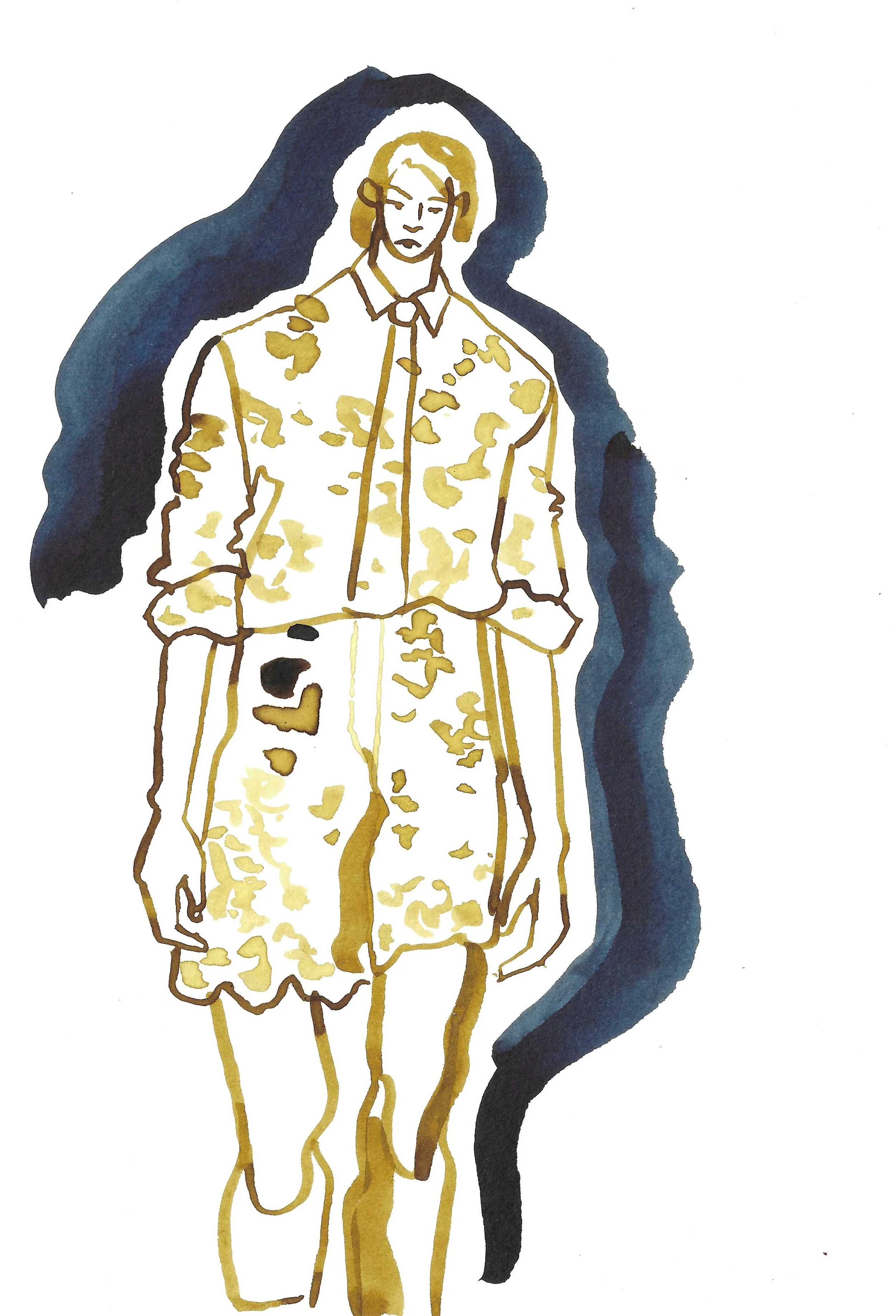 Ink painting of man with short blonde hair, wearing a button-up dress with a floral pattern, standing in front of a dark blue background.