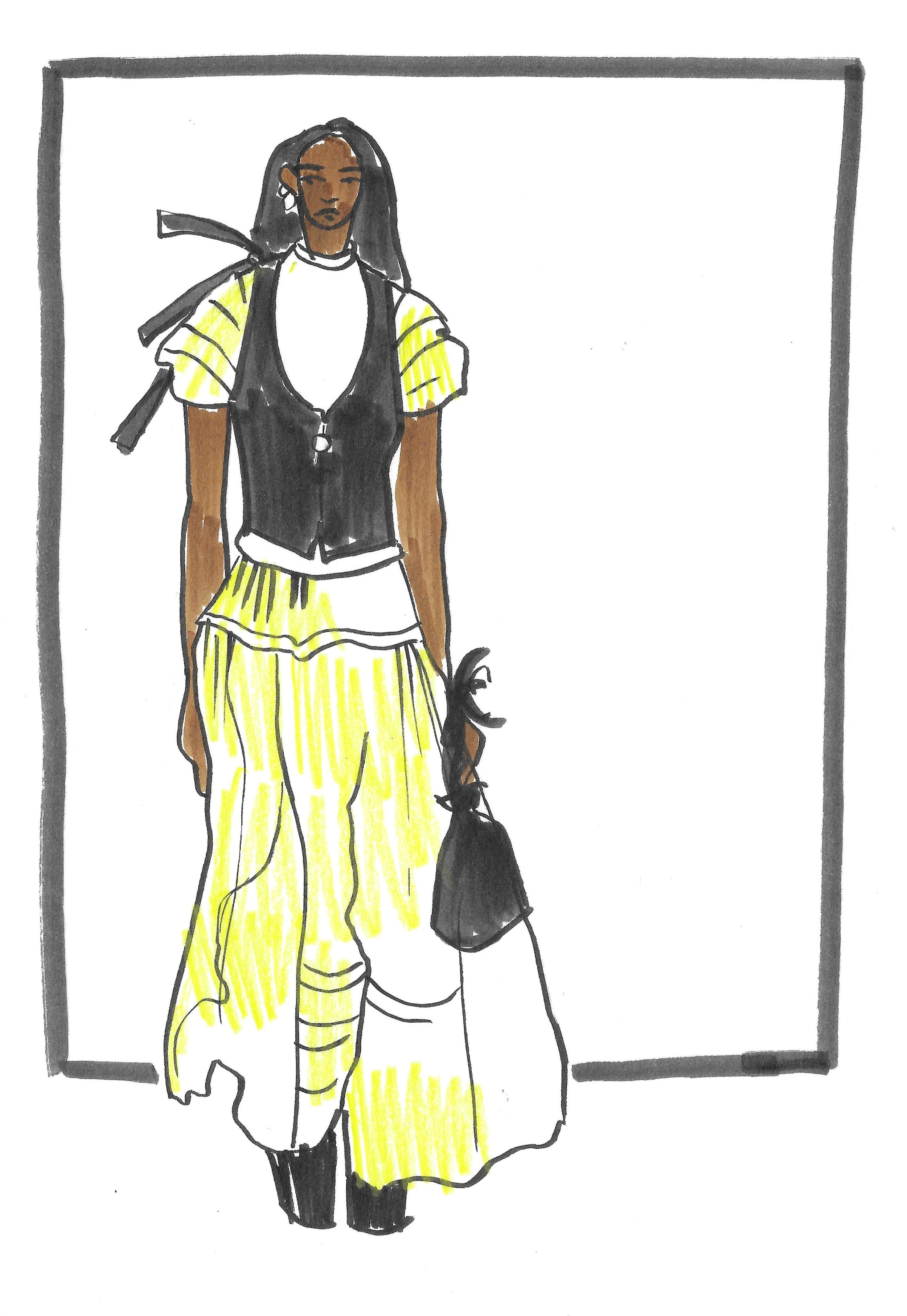 Hand-drawn fashion illustration of a woman with dark skin and long black hair, wearing a striped yellow and white dress, a black vest, and black boots, carrying a black handbag, within a rectangular border.