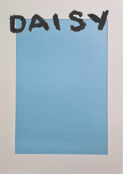 A blue piece of paper with the word 'DAISY' written at the top in black, textured letters.