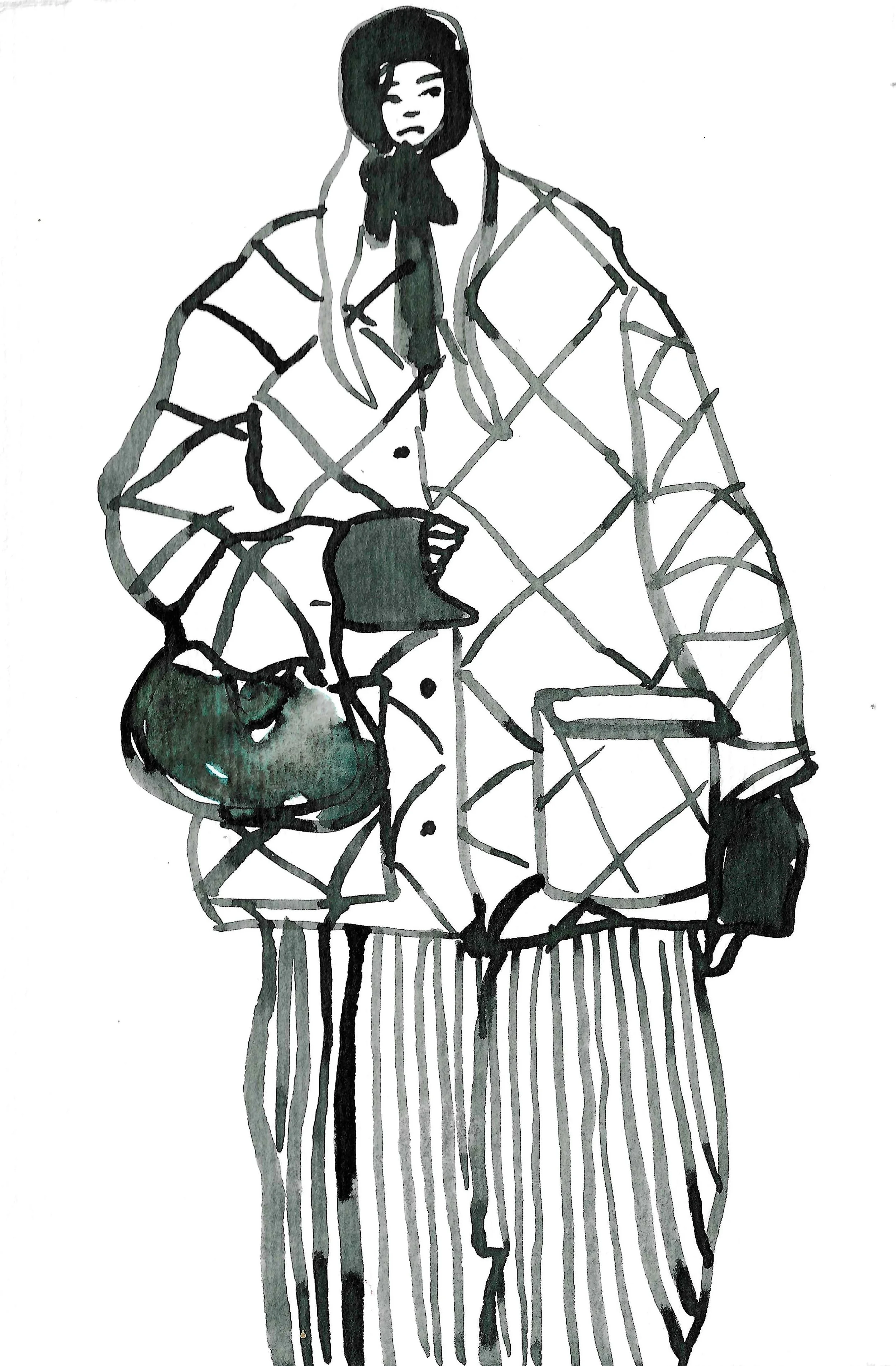 A black and white fashion illustration of a woman in a patterned coat, striped pants, and holding a handbag.