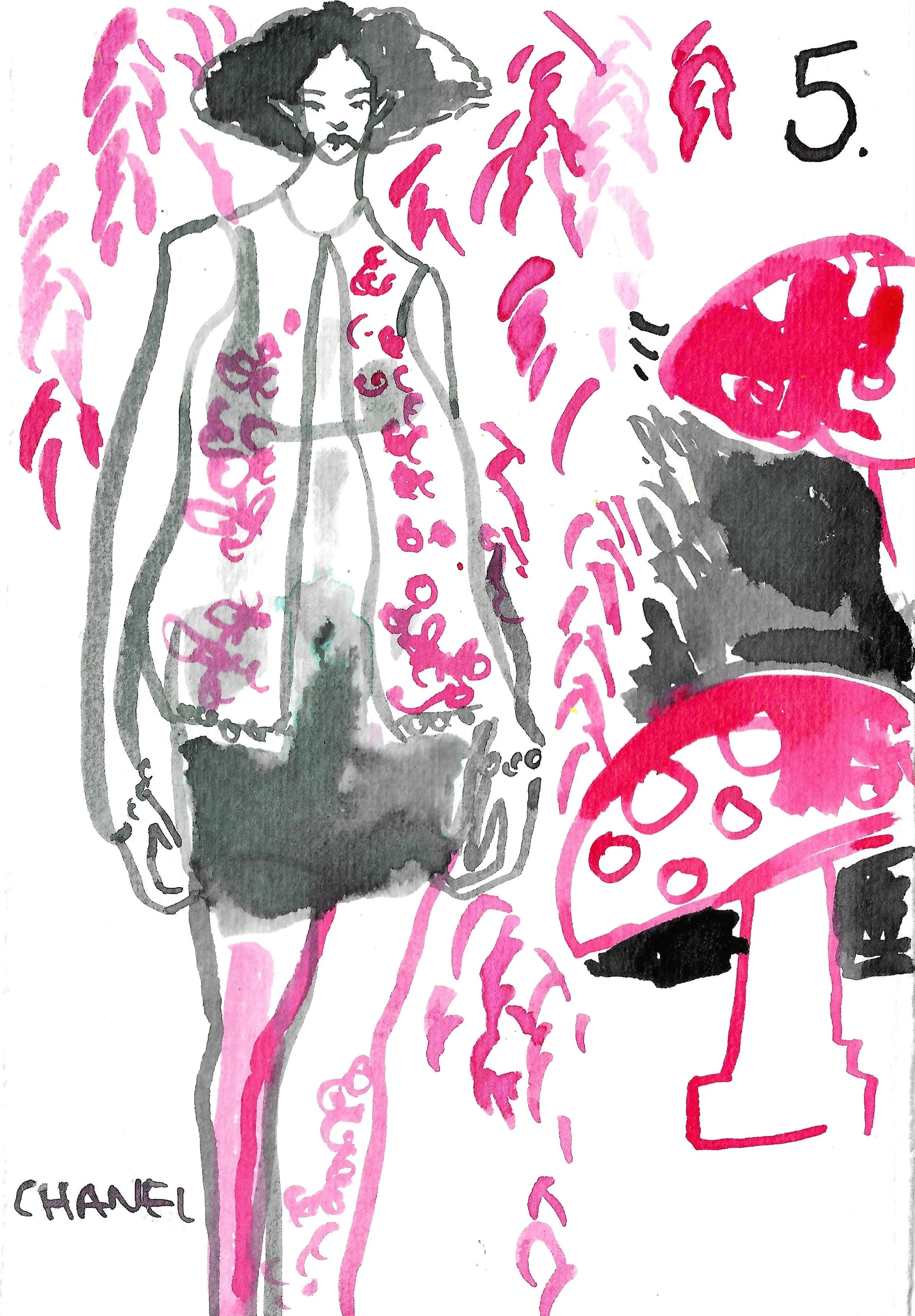 A black and white sketch of a woman with short curly hair, perfume bottle, and roses, with pink accents of roses, leaves, and rose-shaped patterns. The word "CHANEL" is in black at the bottom left corner, and the number 5 is in the top right corner.