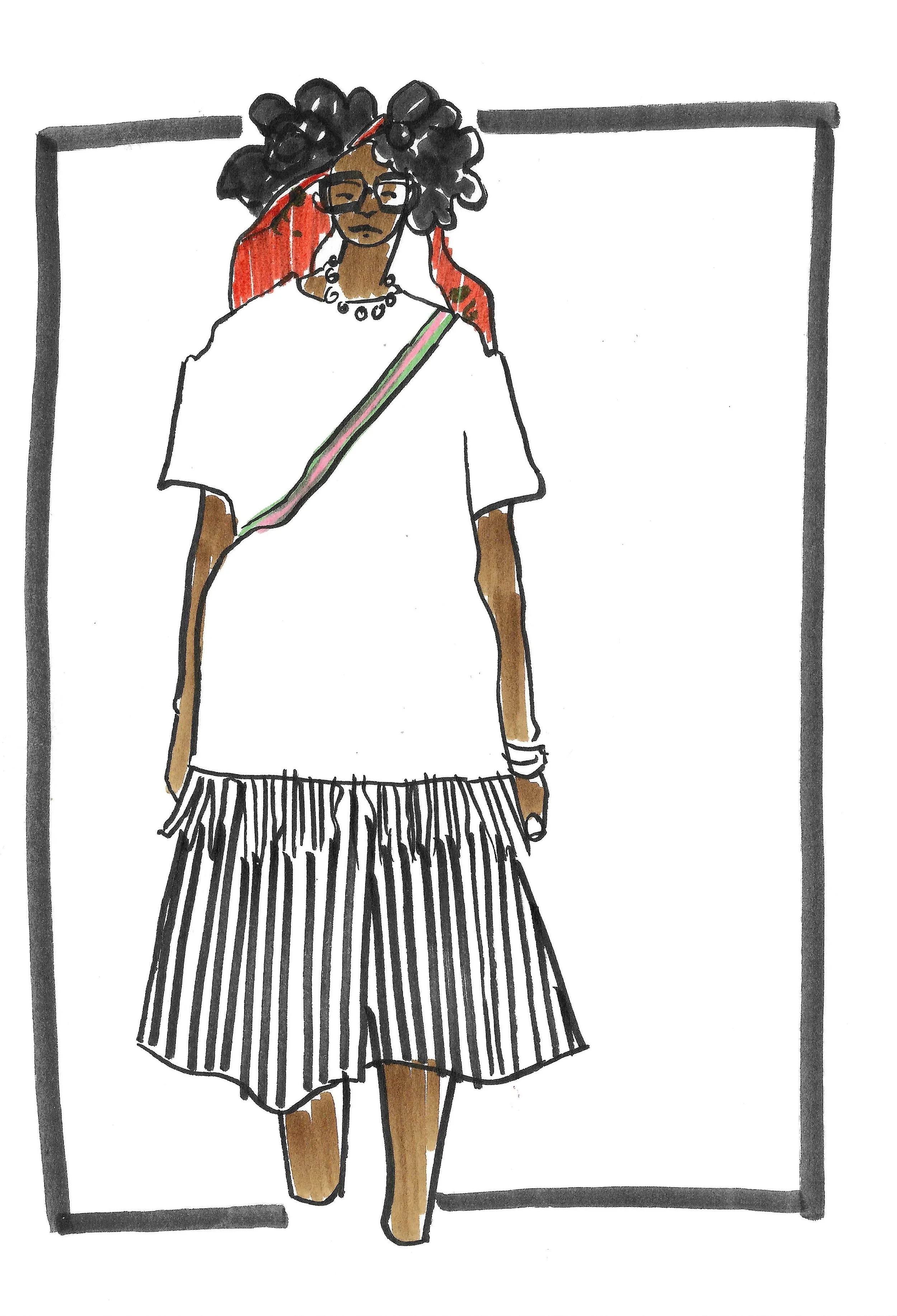 A sketch of a woman with curly hair and glasses, wearing a white top, striped skirt, and accessorized with a necklace and a sash, standing inside a rectangular frame.