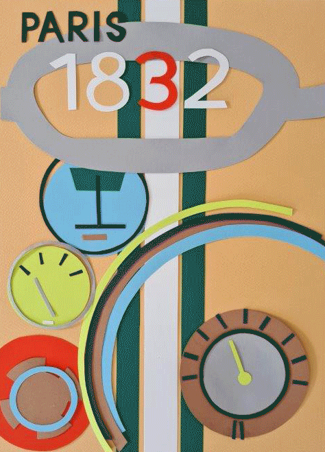 Colorful wall clock with multiple animated faces and numbers, featuring Paris and 1832, with a beige background.
