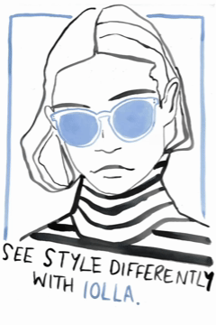 Drawing of a woman wearing sunglasses and a striped shirt, with the text 'See style differently with IOLLA.'