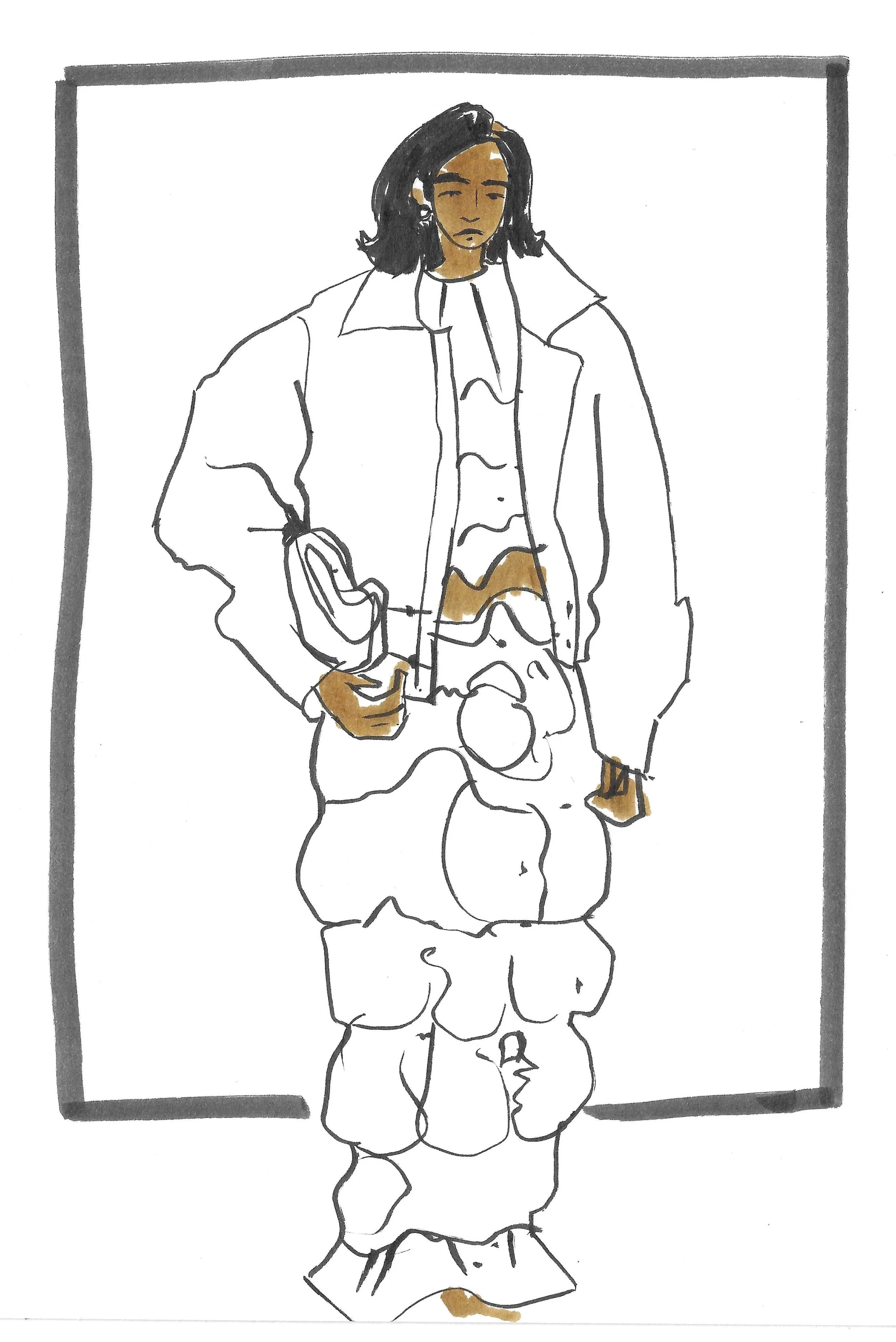 A sketch of a woman with shoulder-length hair, wearing a jacket over a shirt, patterned pants, and standing with one hand in her pocket.