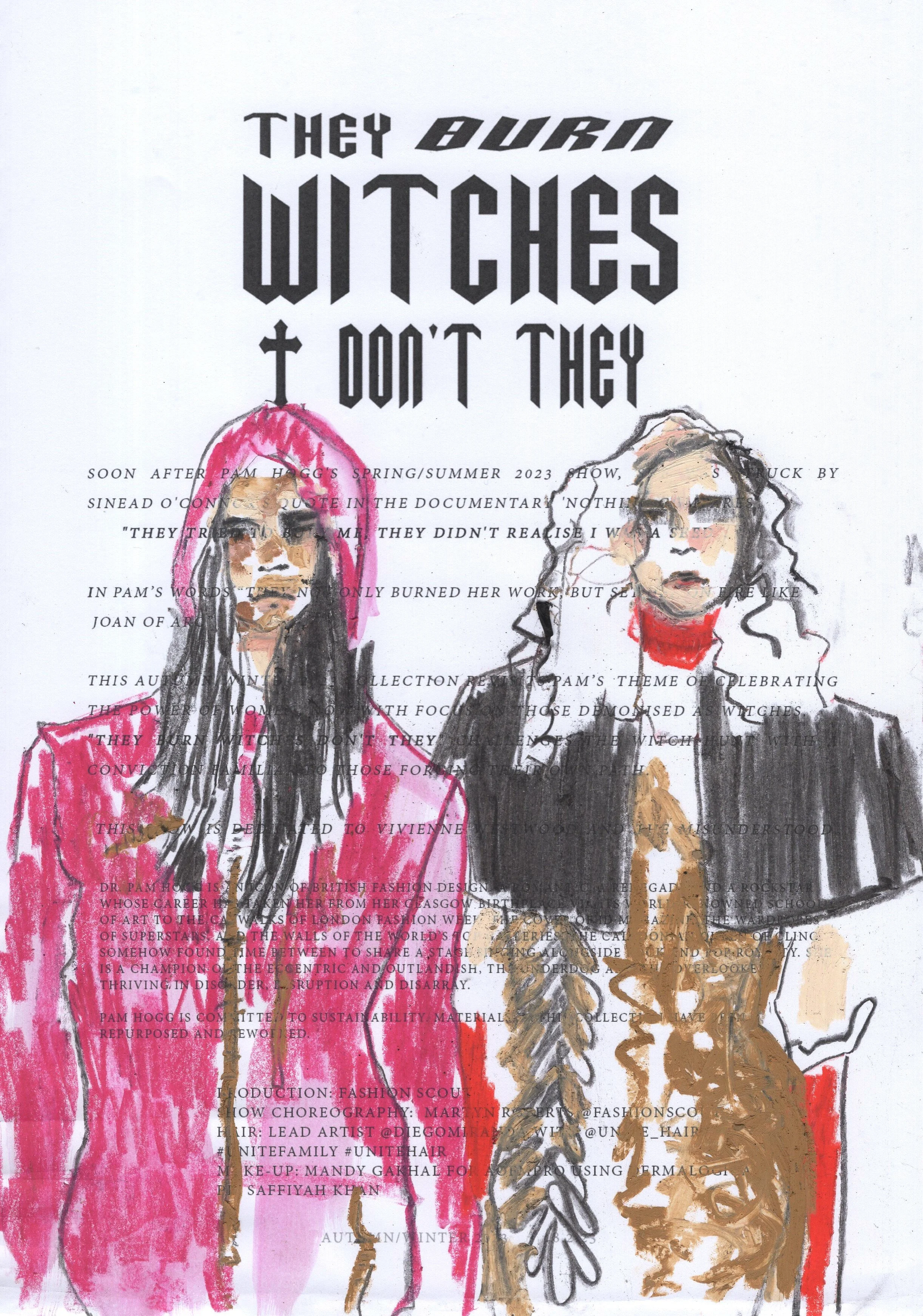 Hand-drawn illustration of two women with long hair, one with pink hair and the other with curly hair and a red scarf, standing in front of a background with text and red, pink, black, and tan paint streaks.