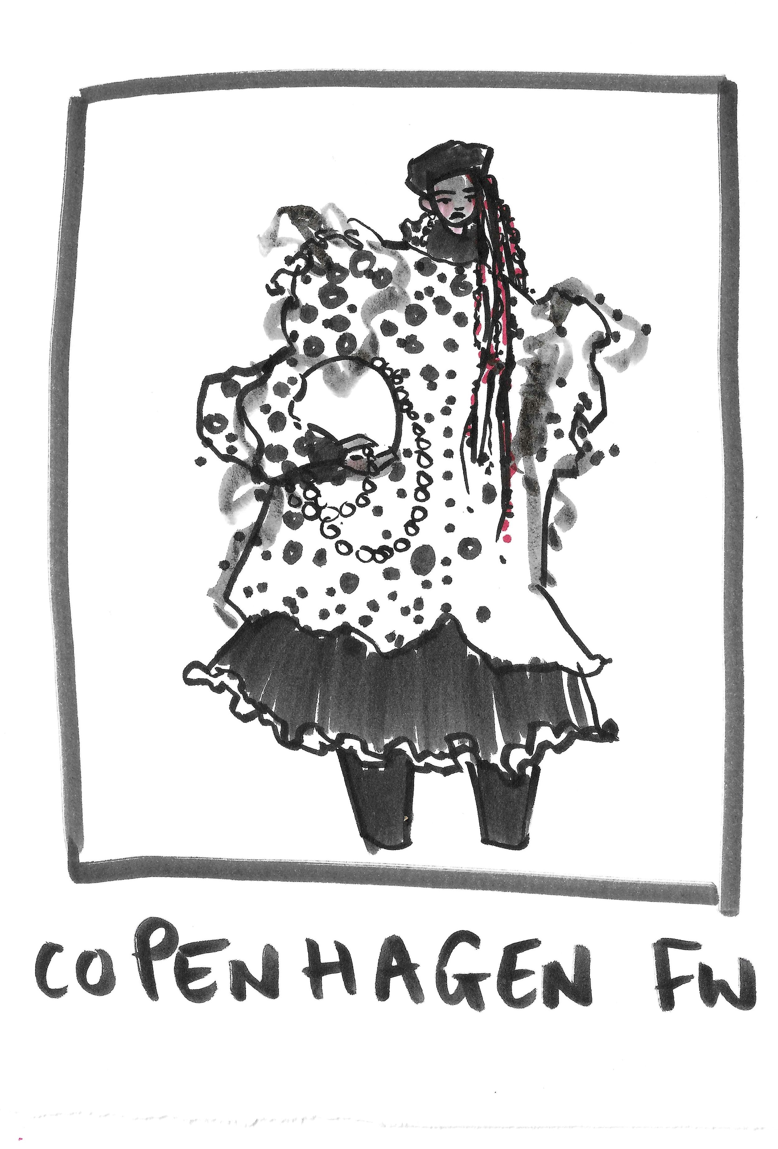 Hand-drawn illustration of a woman wearing a polka-dotted dress, black tights, and a beret, with long braided hair. The illustration is framed, and there is text below that reads 'COFENHAGEN FW'.