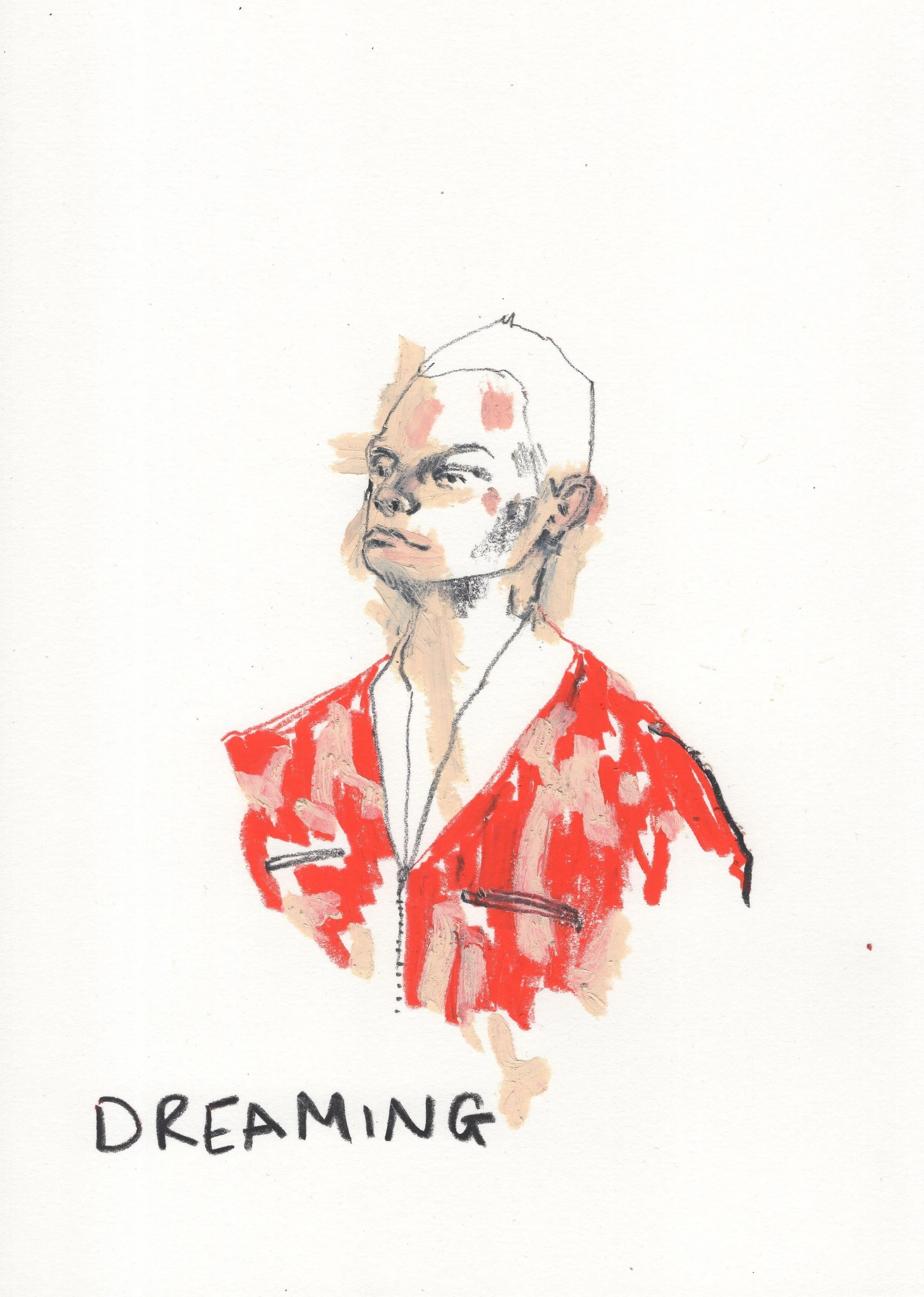 Watercolor sketch of a young man with a shaved head wearing a red jacket, with the words 'DREAMING' written below.