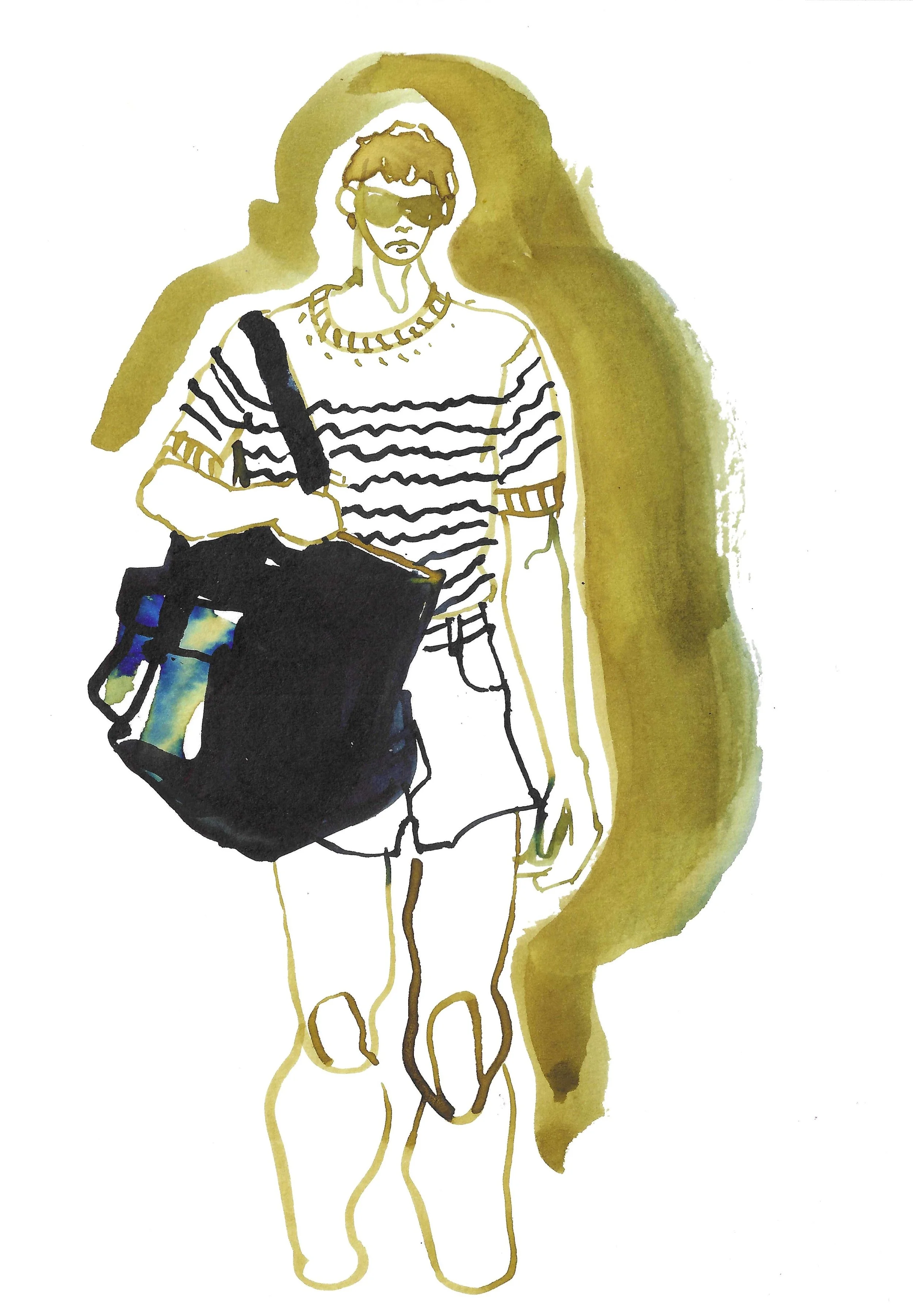Line drawing of male model with short hair, wearing sunglasses, a striped shirt, jewelry, and carrying a bag, with a green watercolor background.