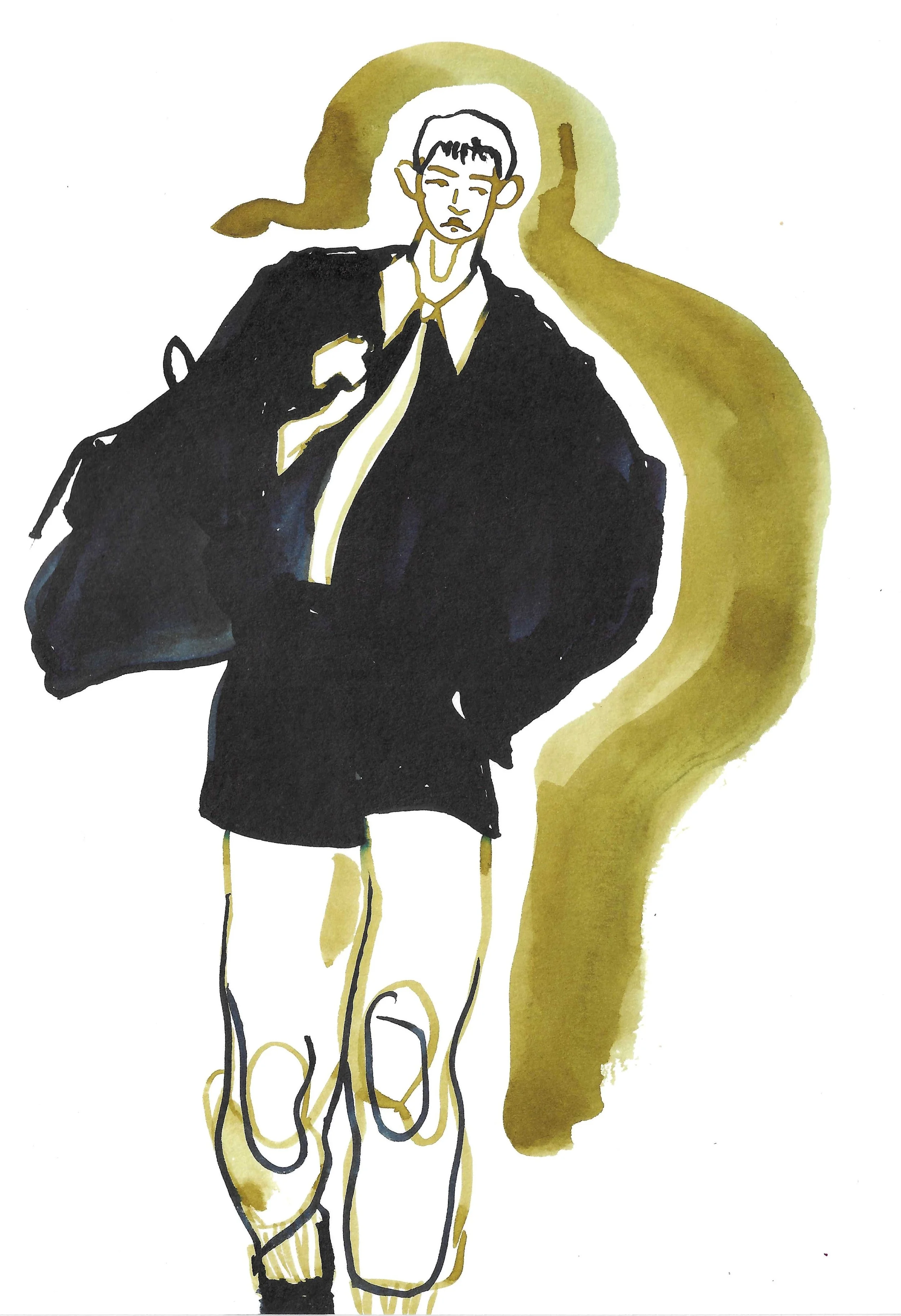 A line drawing of a young man with short hair and pointy ears, wearing a black coat and shirt, standing with a serious expression against a gold watercolor background.