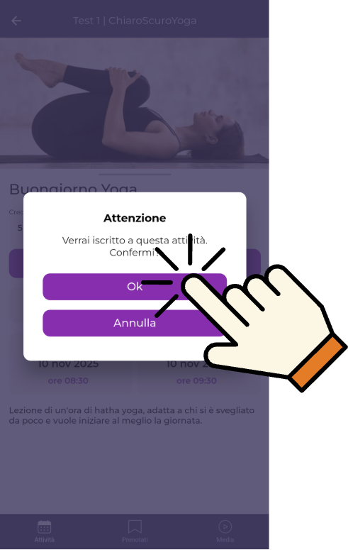 Schermata di un'app mobile con una finestra di conferma e un'icona di mano che tocca i pulsanti "Ok" e "Annulla".