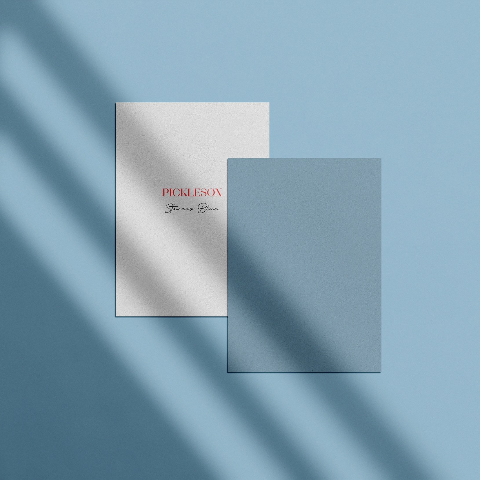 Sample Card for Stavros Blue by The Pickleson Paint Co. A charming mid blue inspired by the Greek Islands.
