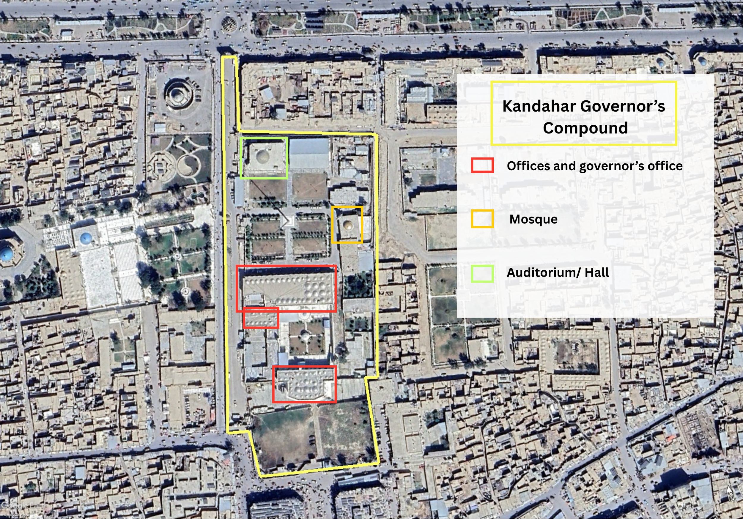   Figure: Image showing the governor’s office in Kandahar in 2025. Geolocation: 31.619045, 65.709748  