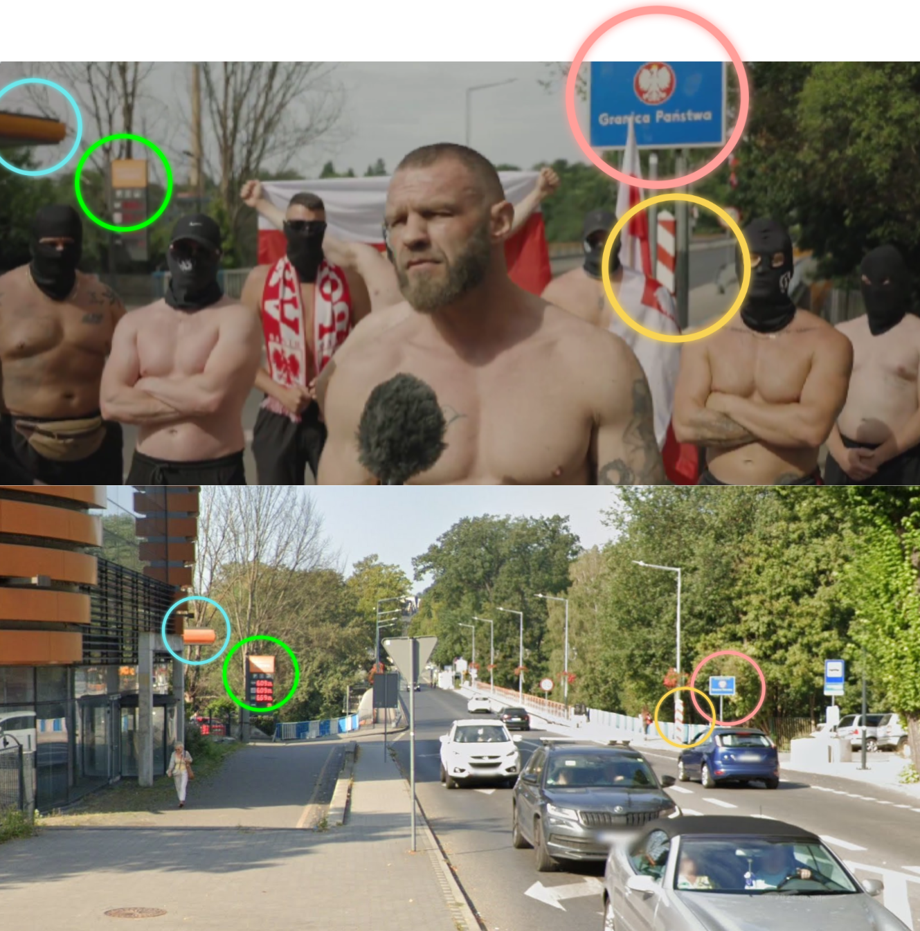   Figure:  Geolocation of the video (N51° 09.024' E015° 00.086') near Zgorzelec Bridge, Görlitz   The video was filmed in front of a petrol station before the town bridge of Görlitz between Zgorzelec and Görlitz. See the matching petrol station, border sign, and red and white spiked pole to the right of the bridge.  
