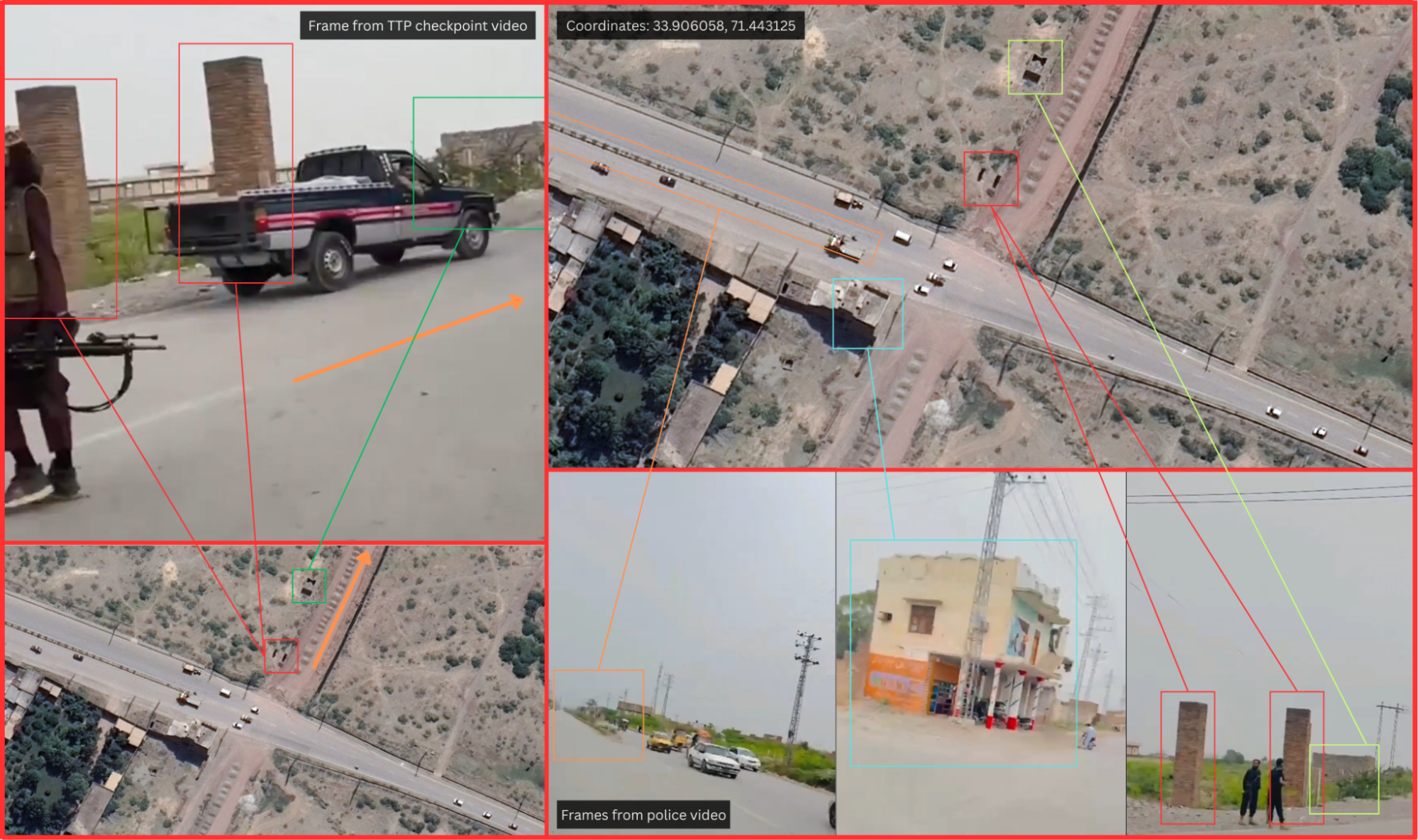   Figure: Geolocation of two videos showing the TTP fighters and Pakistani police officers at the same location.  Coordinates: 33.906058, 71.443125  