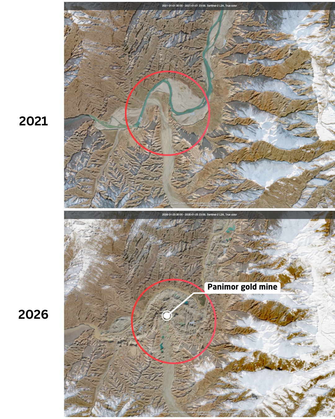 Pictured: Satellite imagery shows rerouting of the Panj river to Tajikistan in the Panimor gold mine since the extraction began. Coordinates: 37.531786, 70.157885