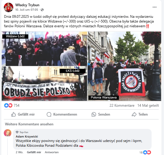   Figure:  A  post  on Facebook on the same date as 10.07.2025 that shows Wladcy Trybun celebrating the united protest in Lodz 