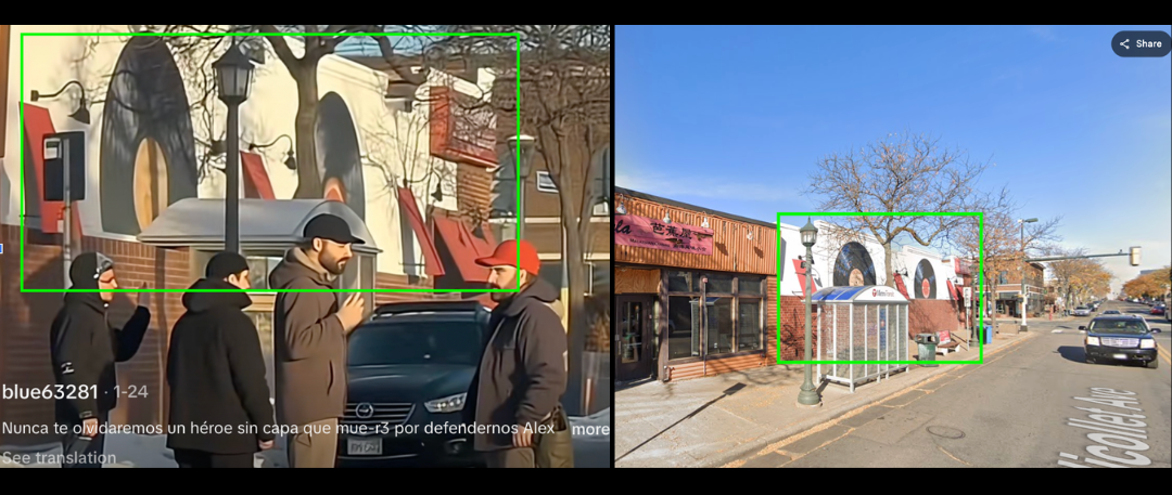  Figure: A widely shared AI-generated video of Alex Paretti’s death matches the details of the real footage. Geolocation: 44.955188, -93.277924 