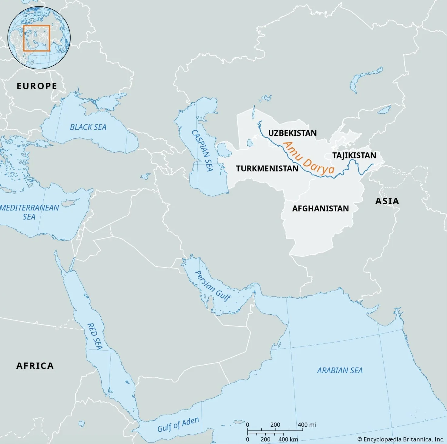 Figure: Amu Darya river from Britannica, which begins in Tajikistan and flows along Afghanistan, Turkmenistan and Uzbekistan. The river is a huge water source for all four countries.