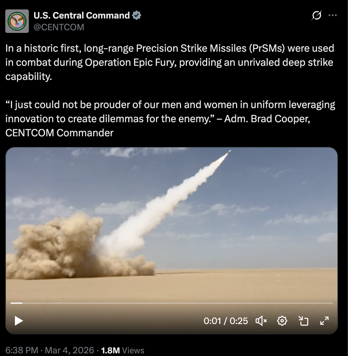   Figure: Screenshot from a CENTCOM post on X/Twitter.  