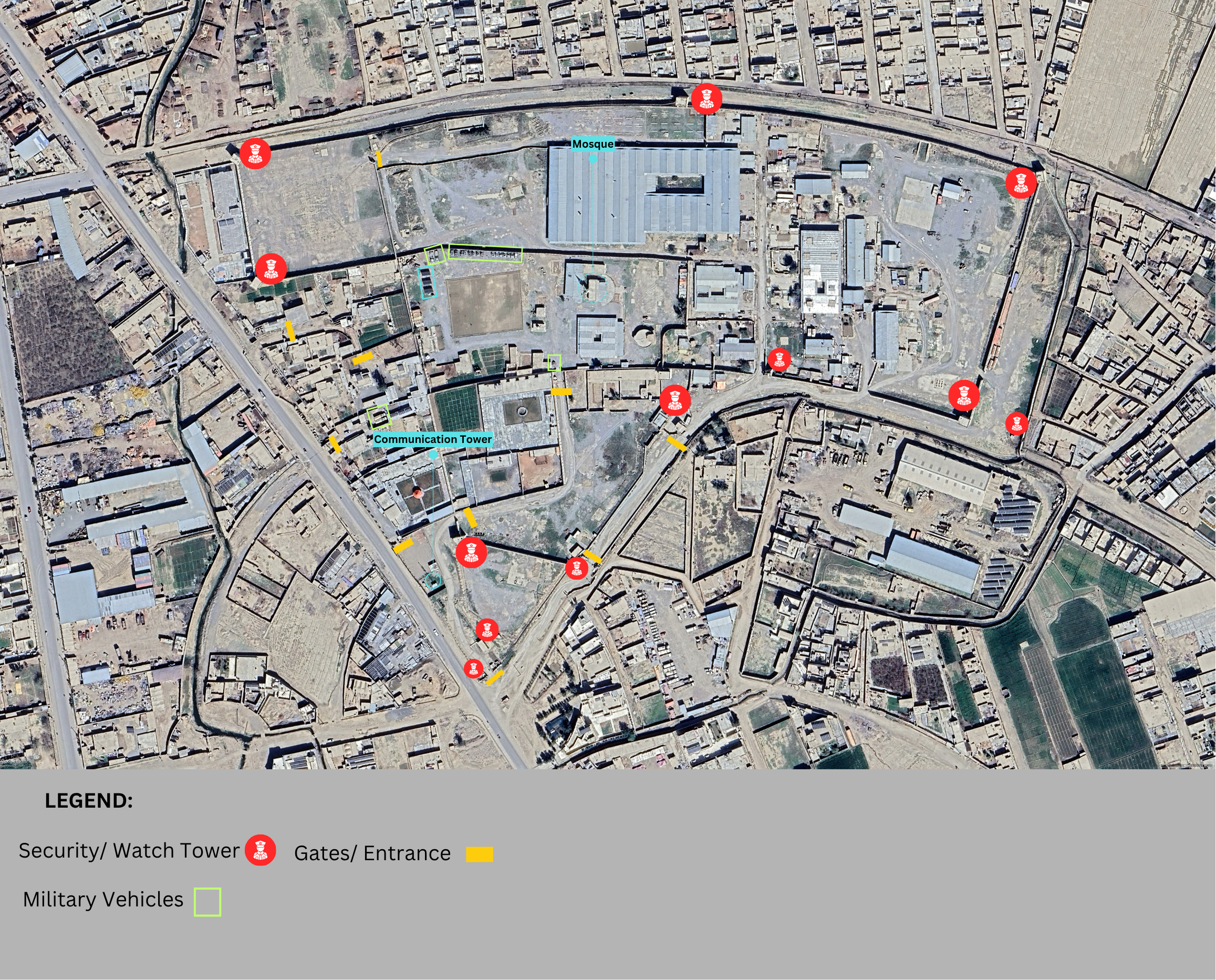   Figure: Image showing the “Unknown Compound” surrounded by industrial and residential areas. Geolocation: 31.630477, 65.734954  