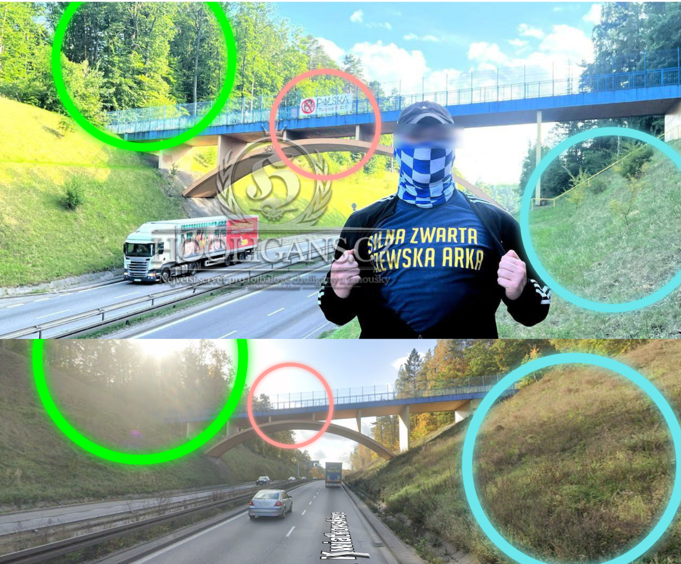   Figure:   Geolocation of a photo that shows a banner above a dual carriageway, 6 km from Arka Gdynia's stadium. Coordinates: 54°31'24